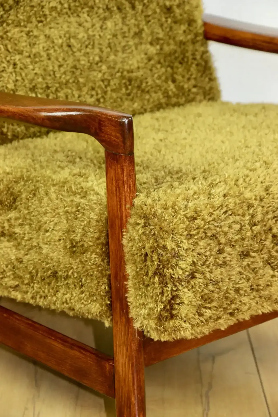 Wooden Armchair, Brown, Vintage Khaki / Olive, Long Hair, Rudy Lis, Designed By Z. Bączyk   2 Pieces Available photo furniture