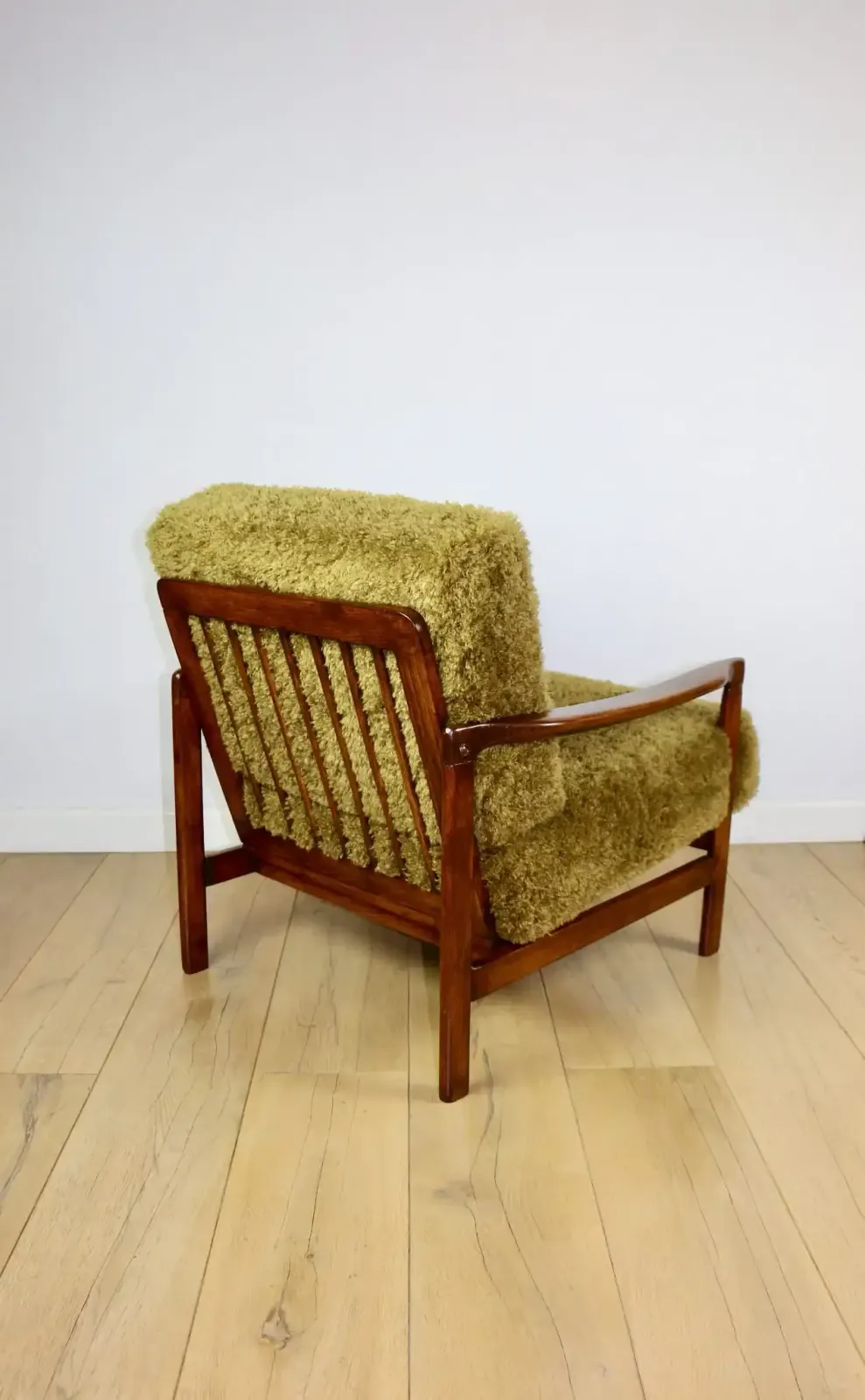 Wooden Armchair, Brown, Vintage Khaki / Olive, Long Hair, Rudy Lis, Designed By Z. Bączyk   2 Pieces Available photo Furniture