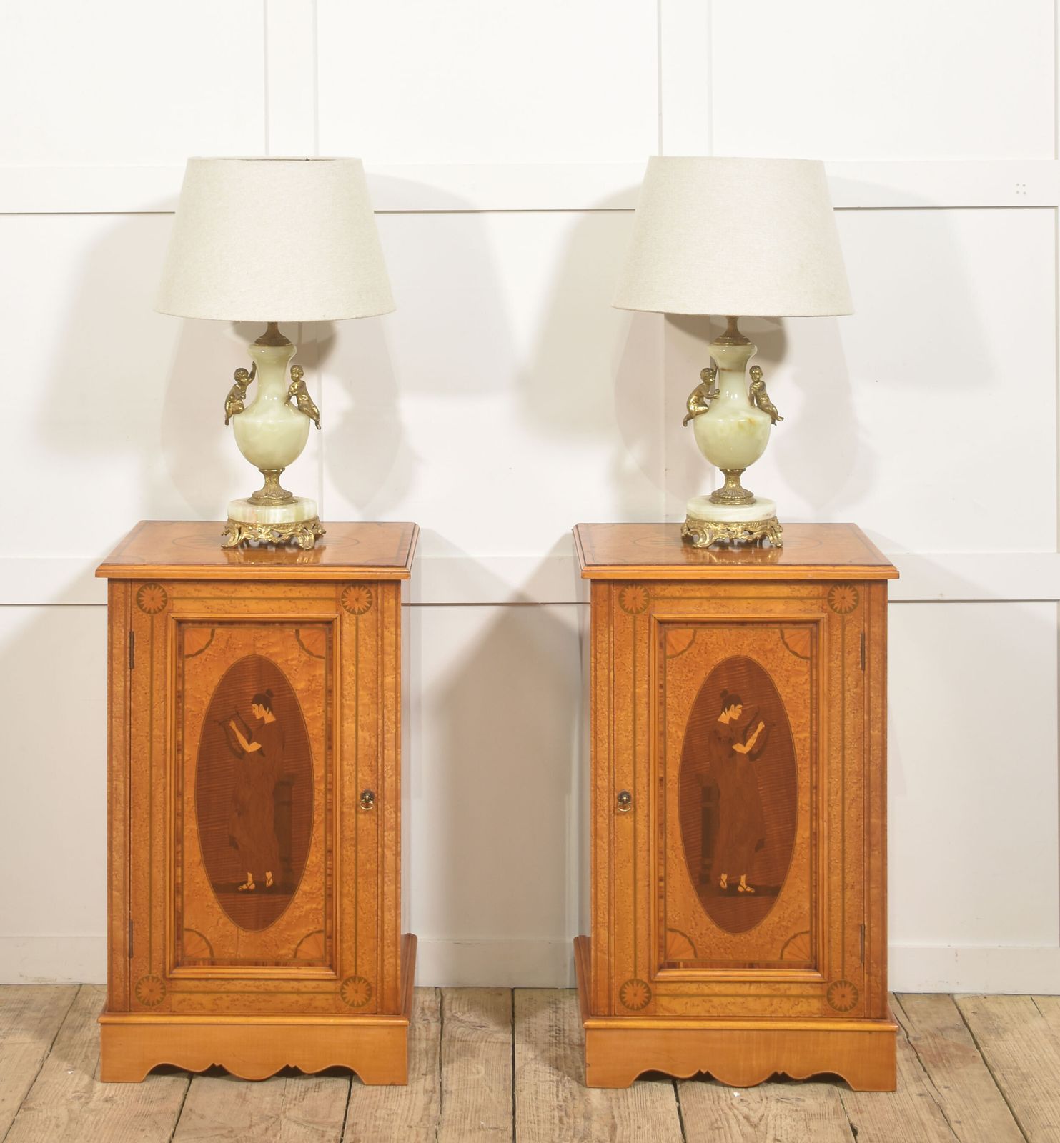 Pair Of Neo Classical Revival Marquetry Bedside Cabinets