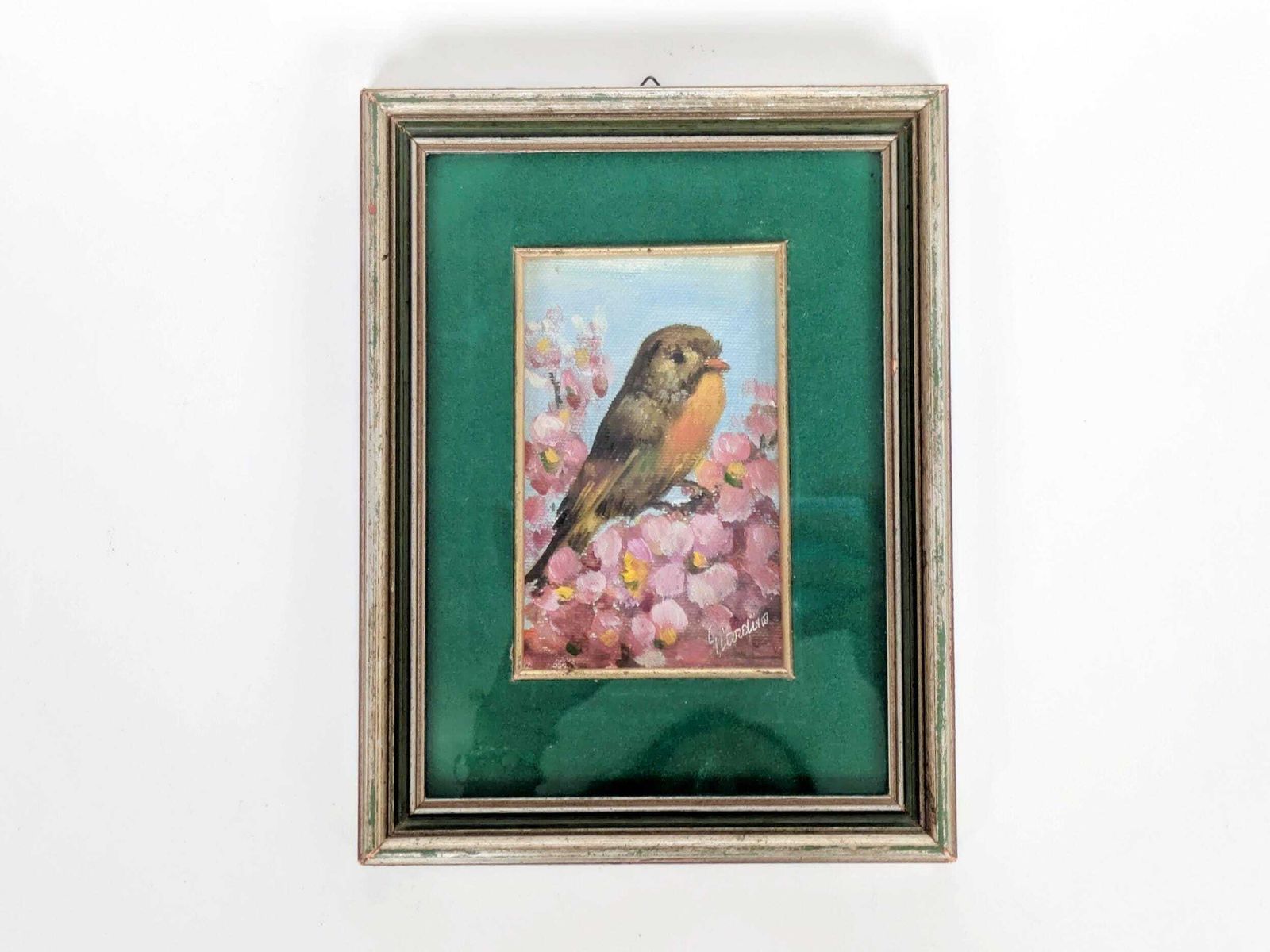 Vintage Robin Oil Painting, Blossoms, Green Velvet Mat, Signed
