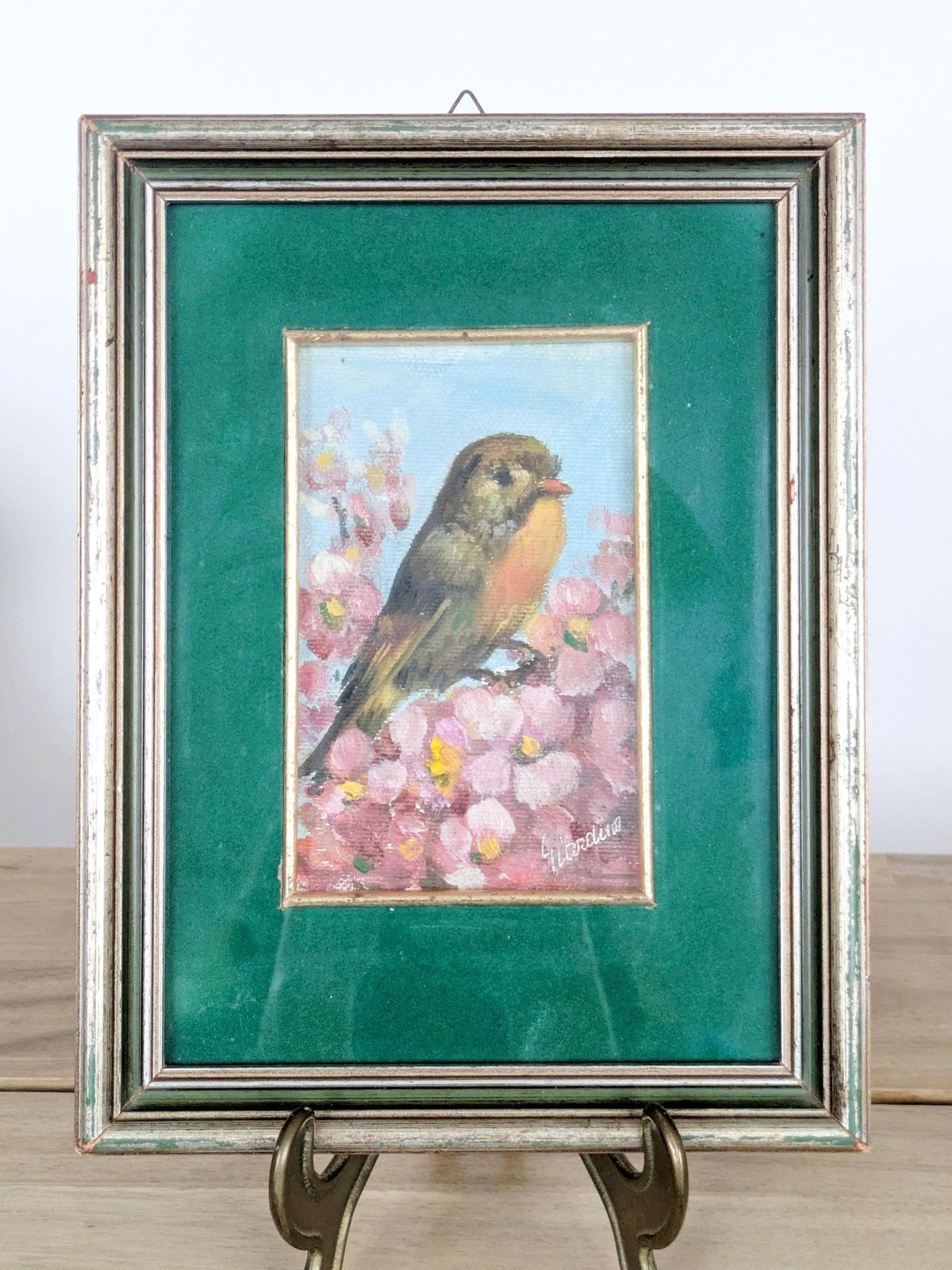 Vintage Robin Oil Painting, Blossoms, Green Velvet Mat, Signed photo for sale