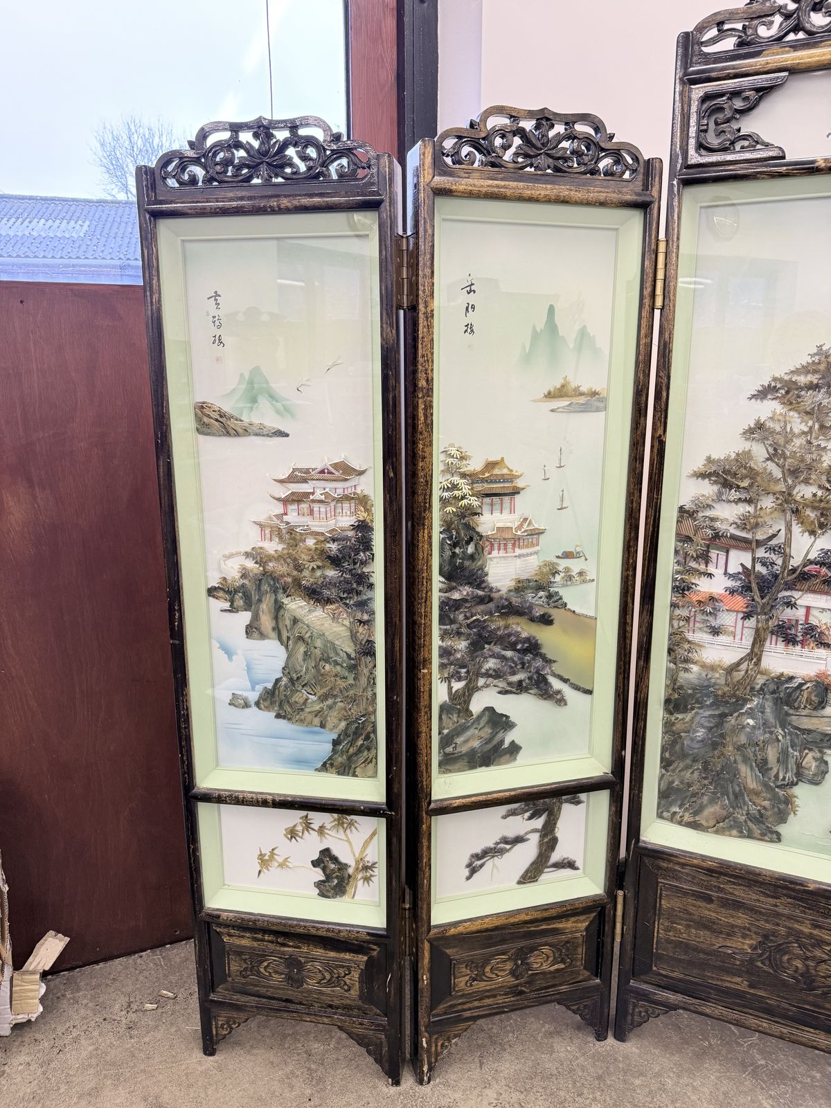 Large Chinese Folding Screen With Mother Of Pearl Inlay | Carved Hardwood | Five Panel Room Divider photo 2550.0