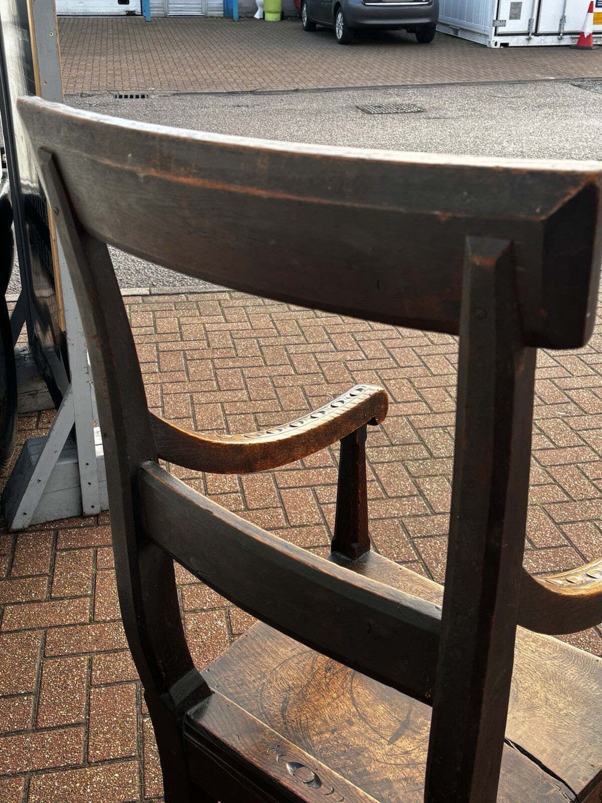 893.0 Early English Georgian Oak Carved Armchair, Superb Quality. photo