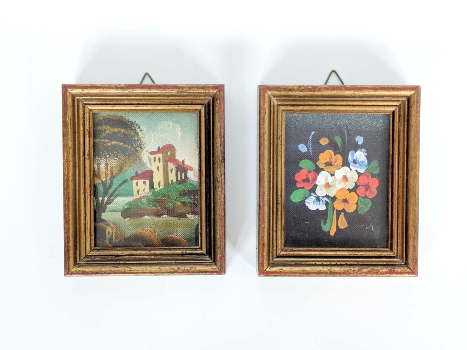 Pair Of Small Italian Oil Paintings, Floral And Landscape, Gilded Wood Frames, Signed