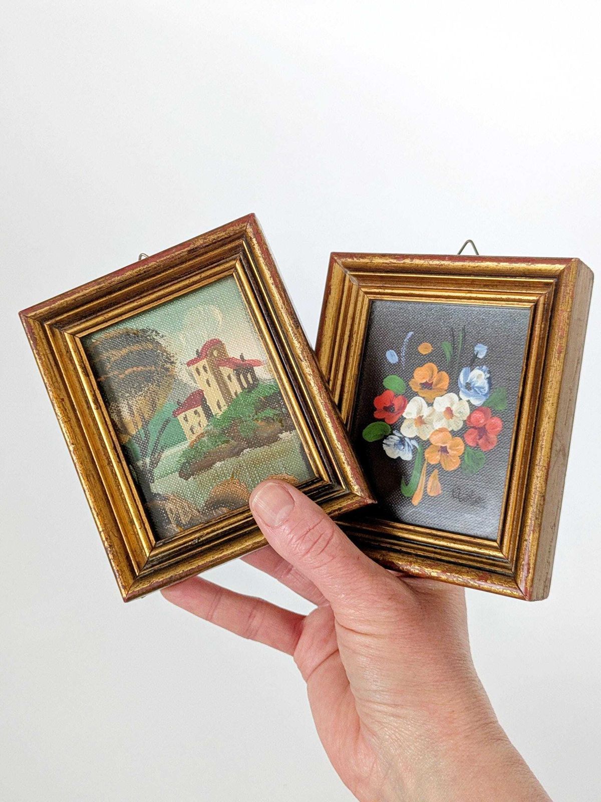 Pair Of Small Italian Oil Paintings, Floral And Landscape, Gilded Wood Frames, Signed photo Art