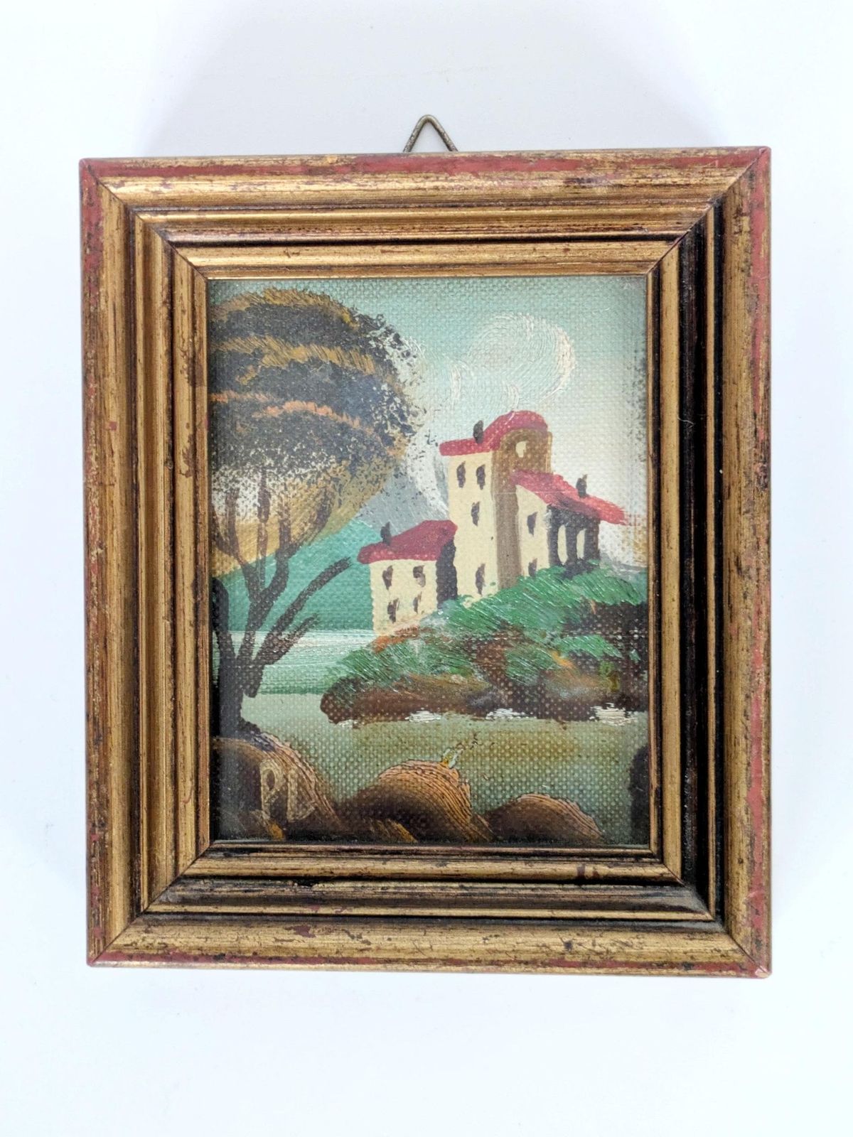 Pair Of Small Italian Oil Paintings, Floral And Landscape, Gilded Wood Frames, Signed photo 64.0