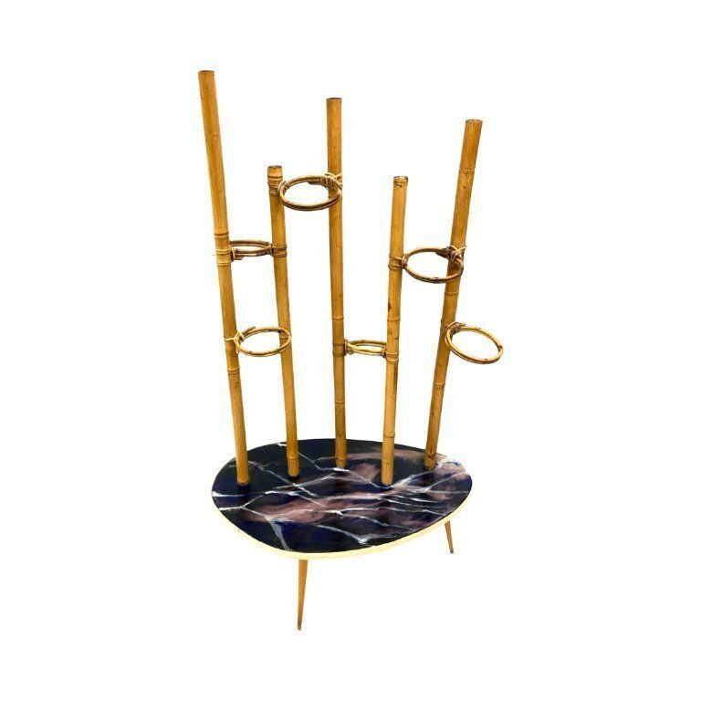 photo vinterior Mid Century Modern Plant Stand – Europe, 1960s 1970s, Bamboo & Artistic Resin Tabletop