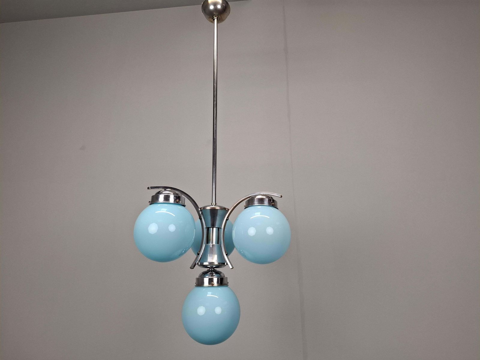1930s Czech Art Deco Blue Opaline Glass And Chrome Four Light Chandelier photo vinterior