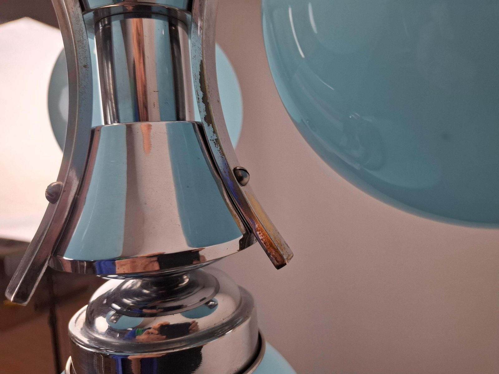 photo furniture 1930s Czech Art Deco Blue Opaline Glass And Chrome Four Light Chandelier