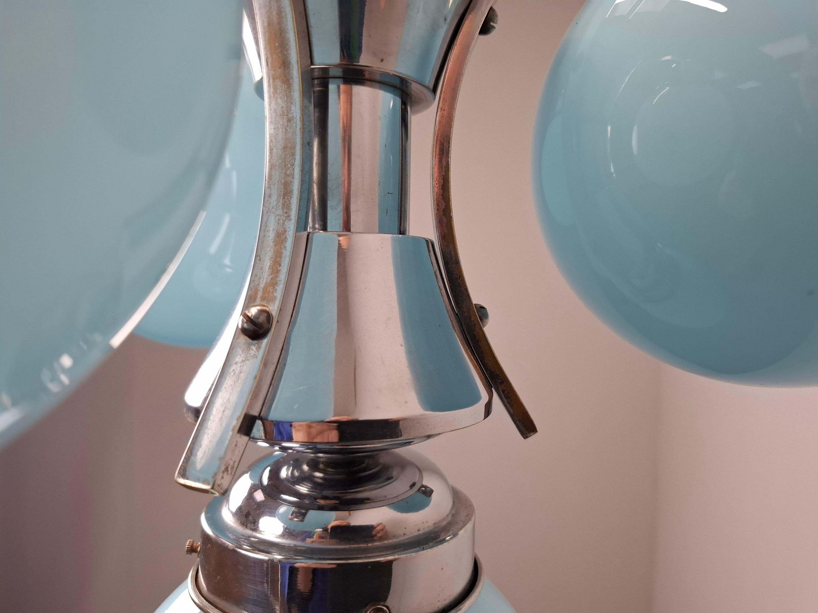 photo for sale 1930s Czech Art Deco Blue Opaline Glass And Chrome Four Light Chandelier