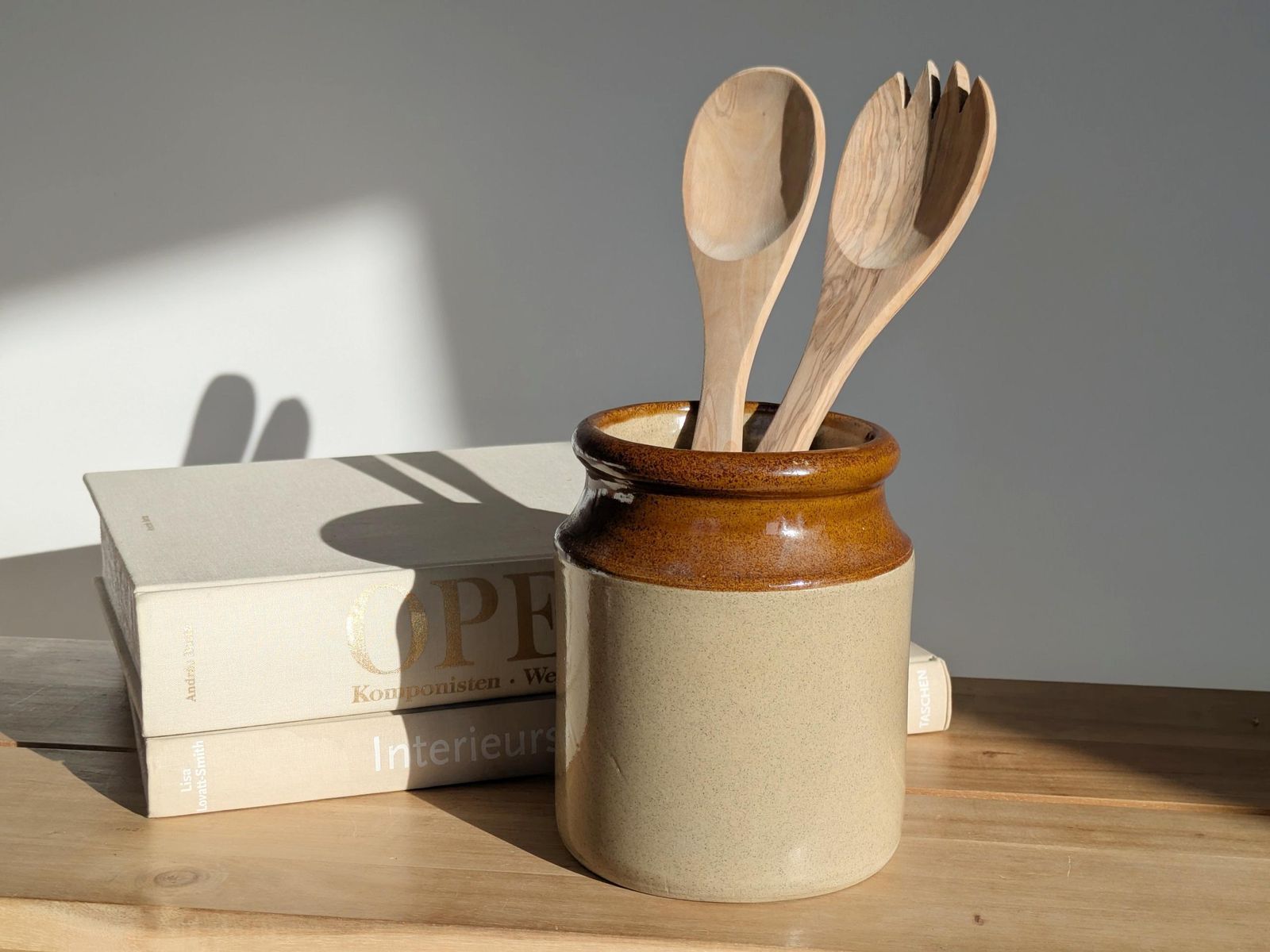 Vintage Moira Stoneware Utensil Crock, English Handcrafted Farmhouse Pottery, Primitive Style photo furniture