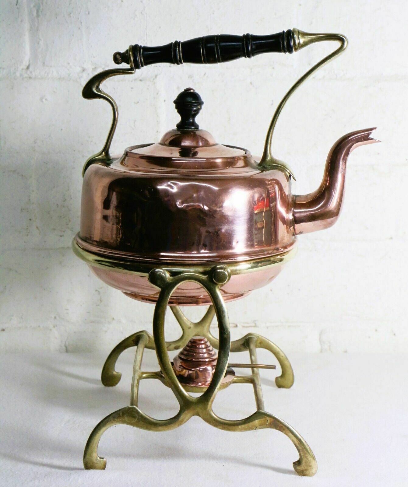 Antique Art Nouveau Copper Spirit Kettle With Brass Stand Late 19th Early 20th C photo for sale