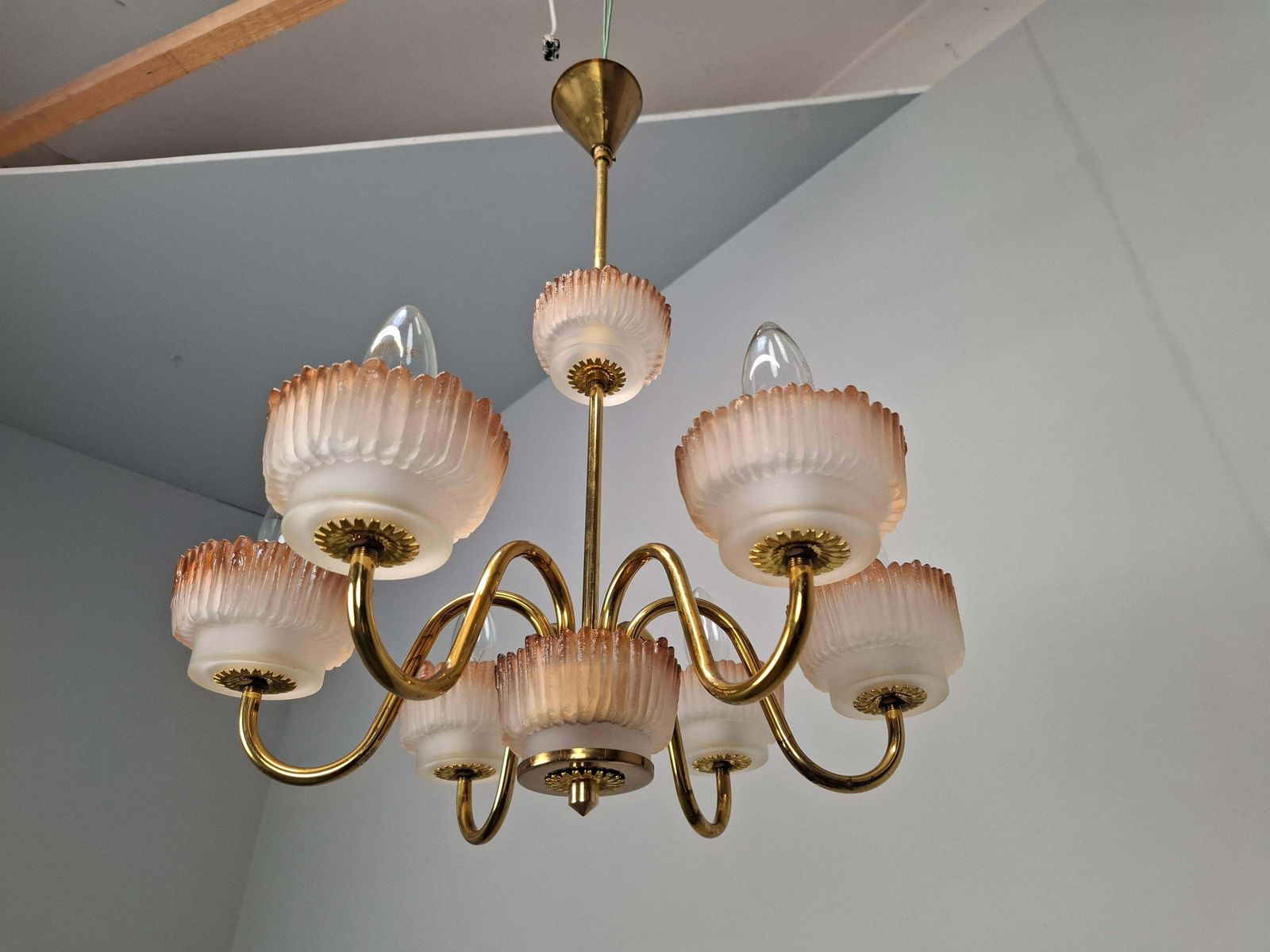 1960s Czech Mid Century Brass And železný Brod Frosted Glass Six Arm Chandelier photo Lighting