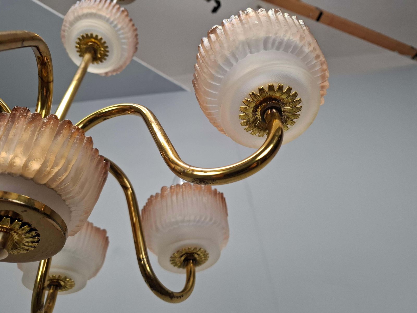 1960s Czech Mid Century Brass And železný Brod Frosted Glass Six Arm Chandelier photo 611.0