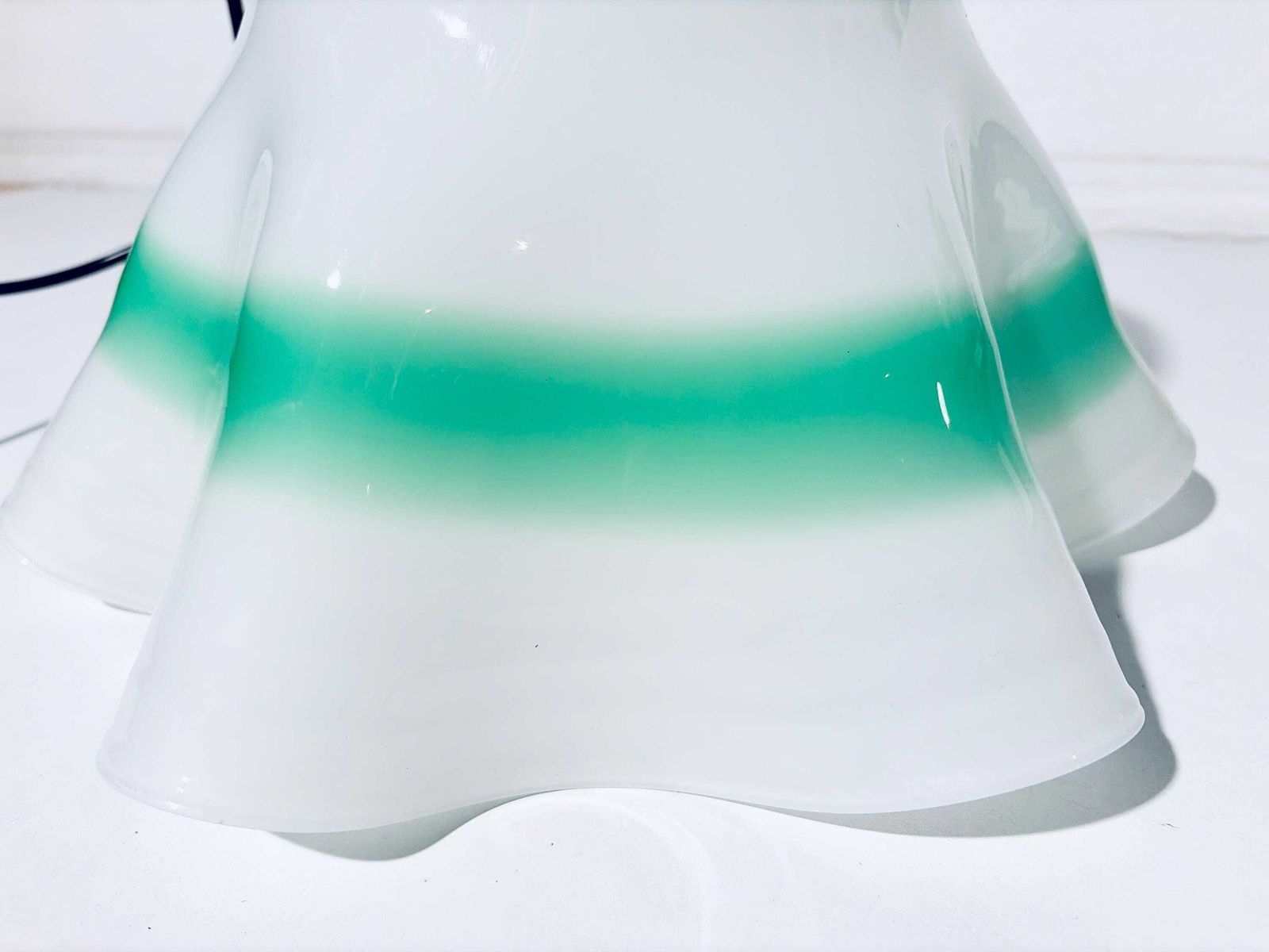 Lighting Murano Fazzoletto Glass Hanging Lamp / Vintage Italian 1960s Decor / White & Green photo