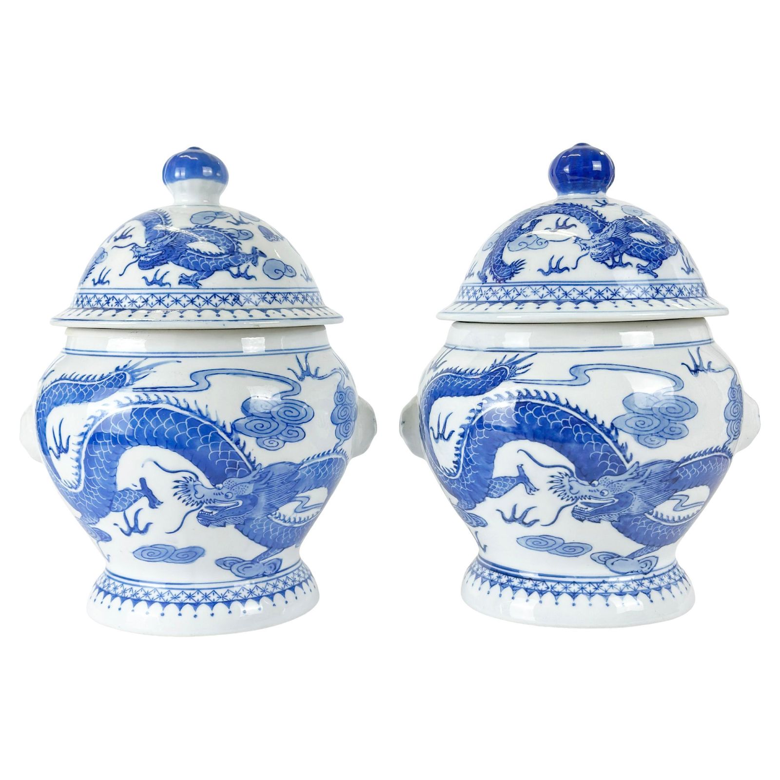 Pair Of Blue And White Porcelain Ginger Jars With Dragon Motif, Qing Style
