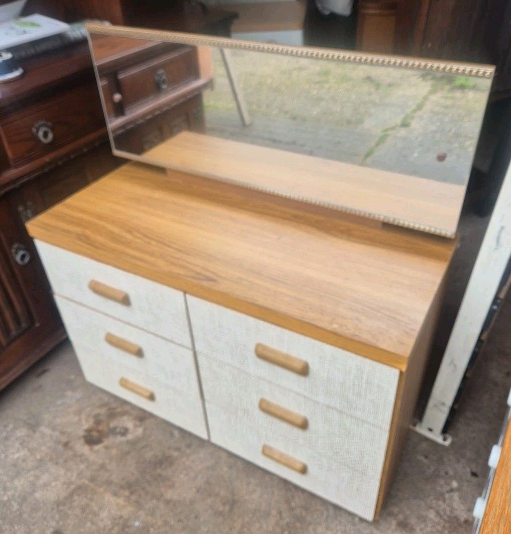 Vintage / Retro /Mid Century, Small 6 Drawer Dressing Chest With Mirror & Wheels photo furniture