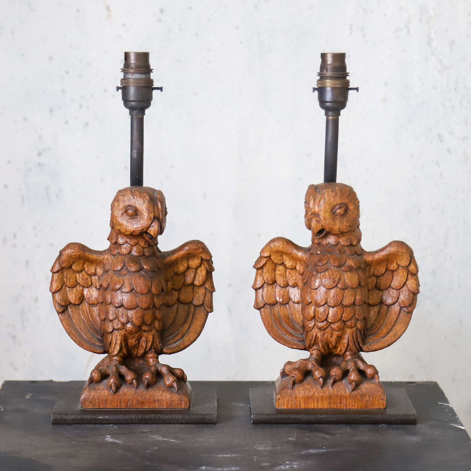 Pair Of Carved Wooden Owl Lamps photo furniture