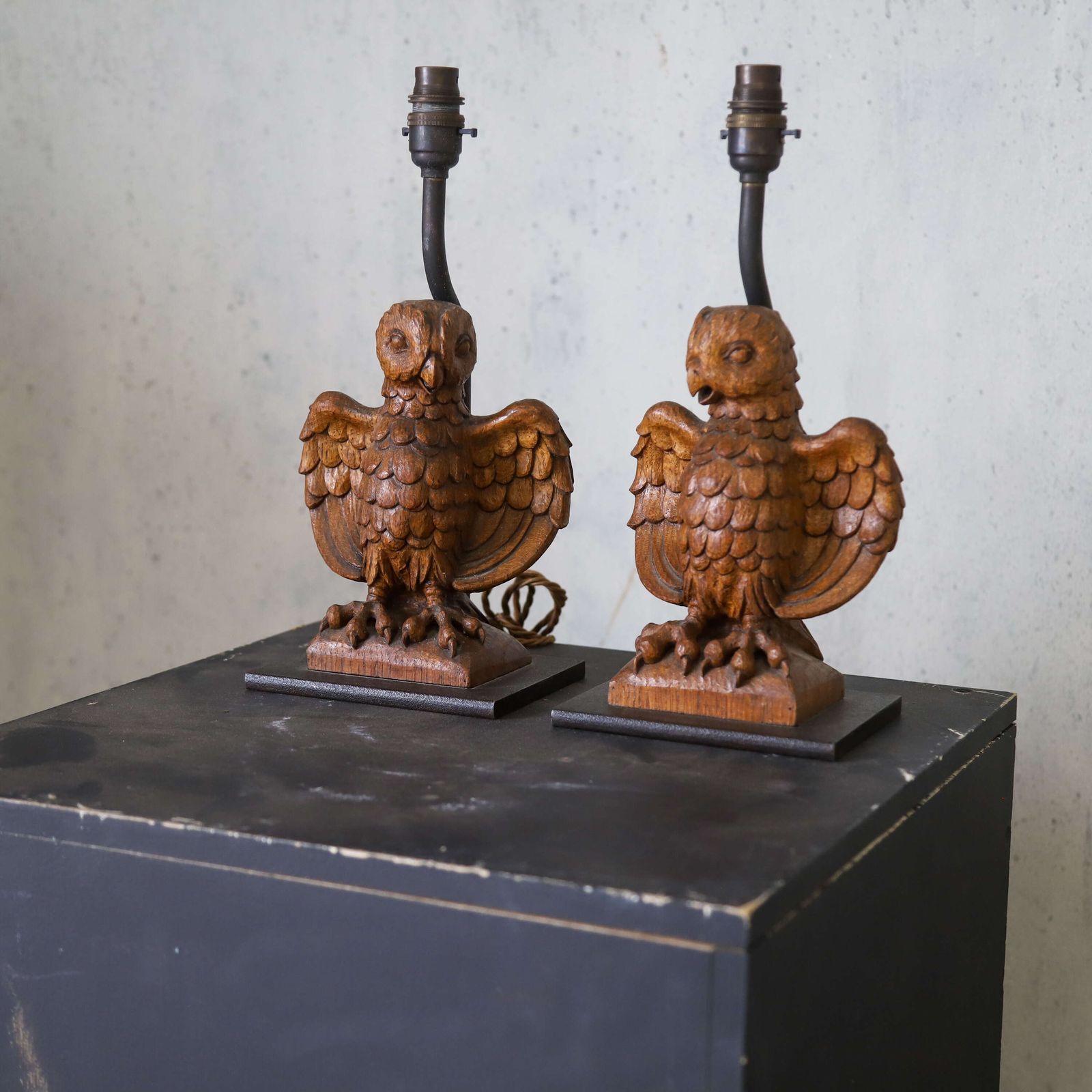 Pair Of Carved Wooden Owl Lamps photo for sale