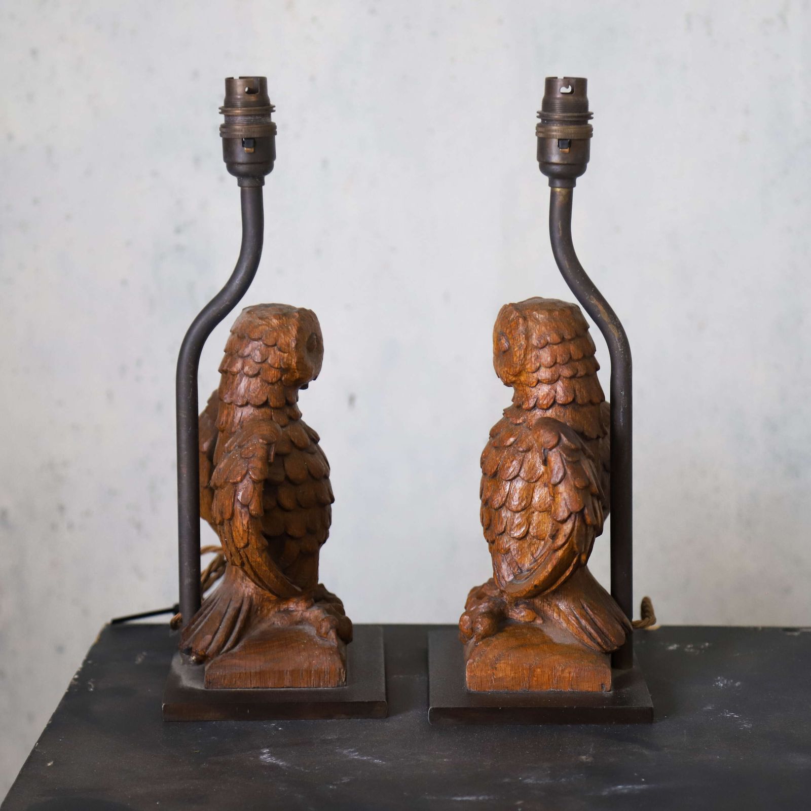 Pair Of Carved Wooden Owl Lamps photo vinterior