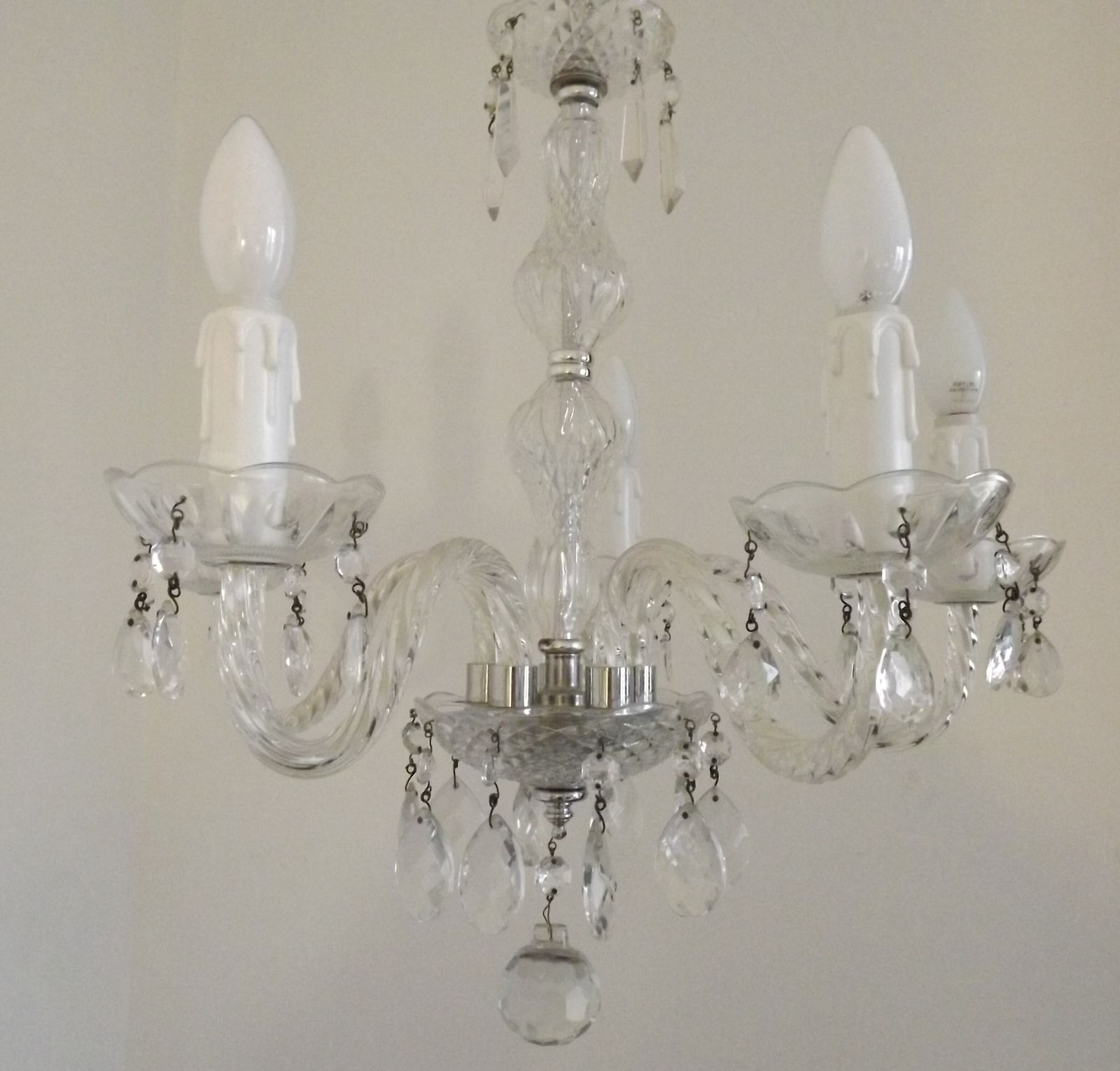 photo vinterior French Vintage 5 Light Chandelier With Barley Twist Glass Arms Adorned With Assorted Crystals