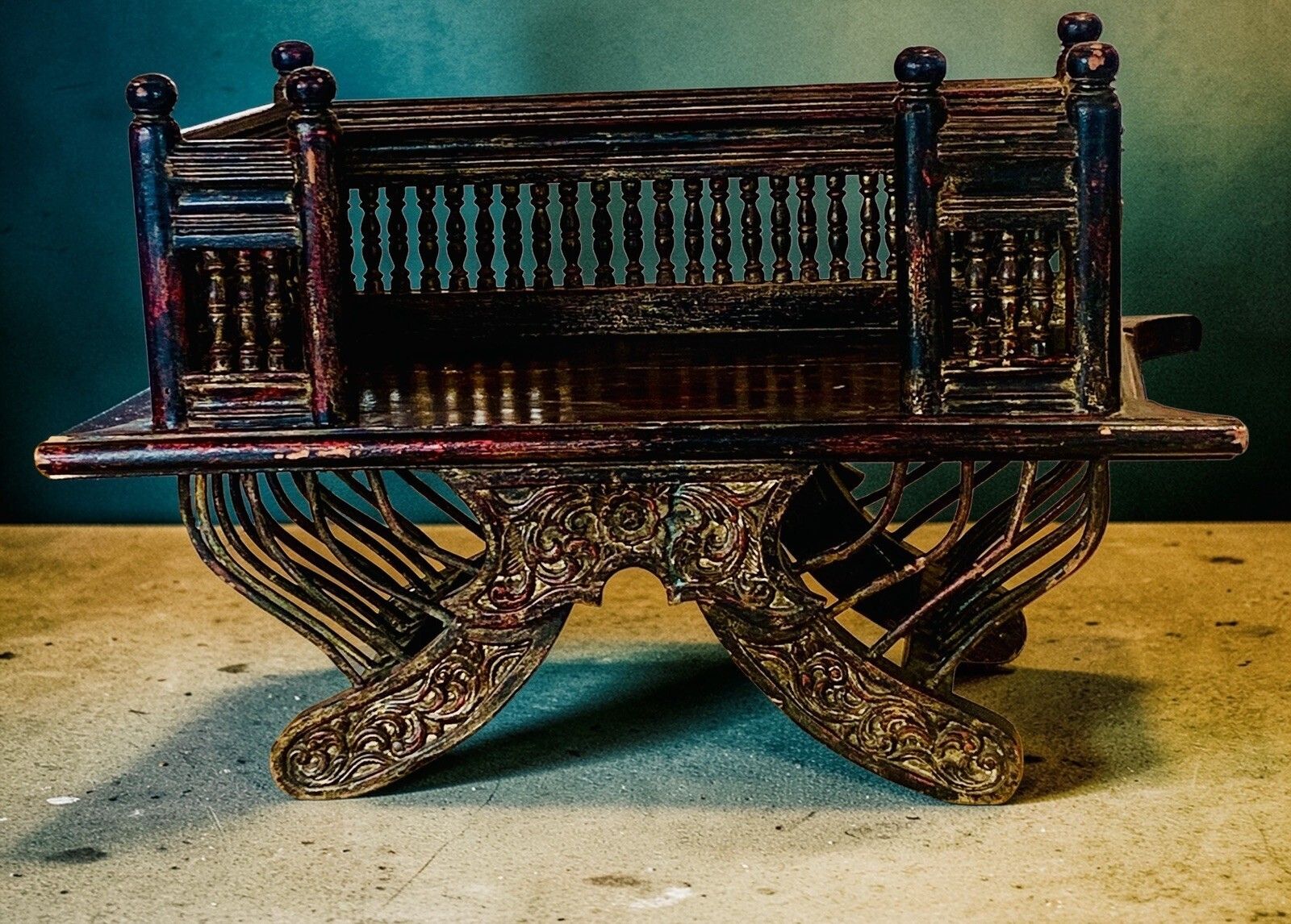 Rare 19th Century Burmese "Single Rider" Howdah Carved Lacquered Teak Elephant Seat Saddle Chair photo vinterior
