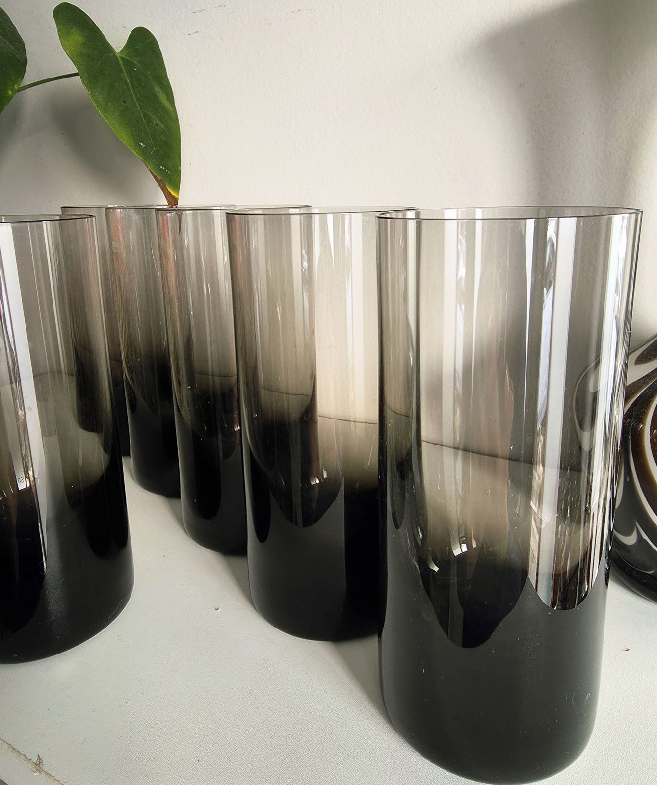 Set Of 6 Mid Century Smoked Crystal Glass Highball Tumblers With Weighted Bases photo for sale