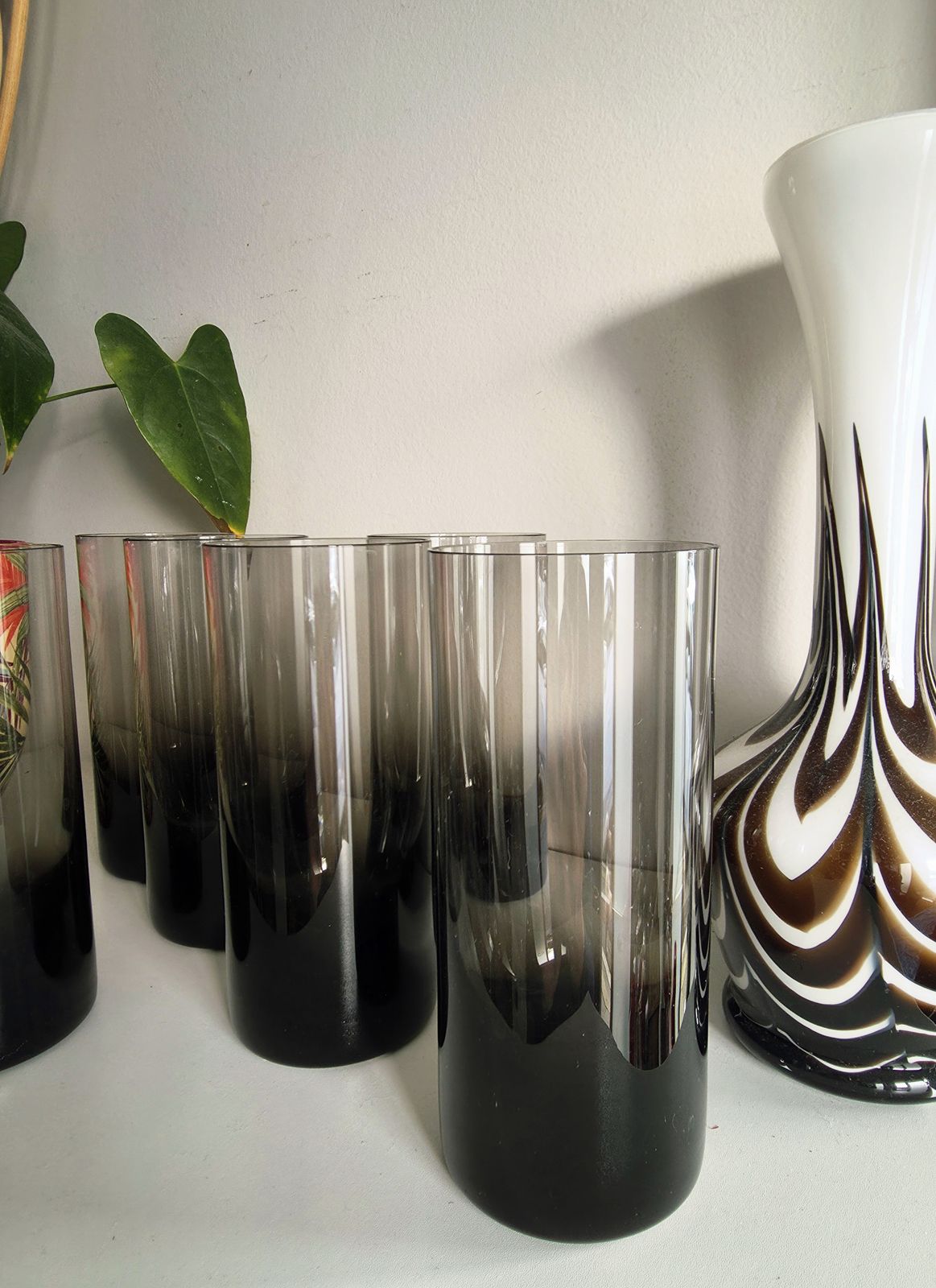 Set Of 6 Mid Century Smoked Crystal Glass Highball Tumblers With Weighted Bases photo vinterior