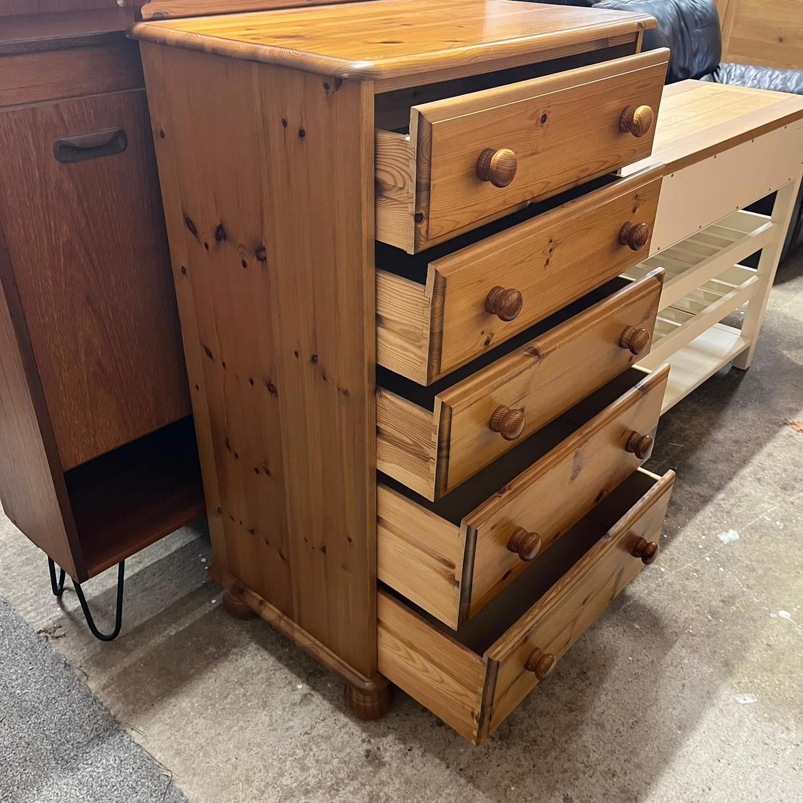 Pine Chest Of 5 Drawers Knob Handles Ball Feet Gallery photo for sale