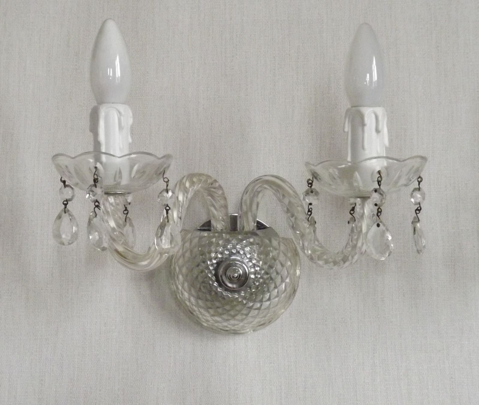 Pair French Vintage Double Crystal Wall Lights With Barley Twist Glass Arms photo Lighting