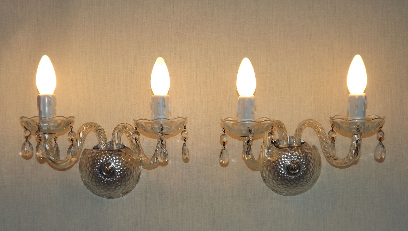 Pair French Vintage Double Crystal Wall Lights With Barley Twist Glass Arms