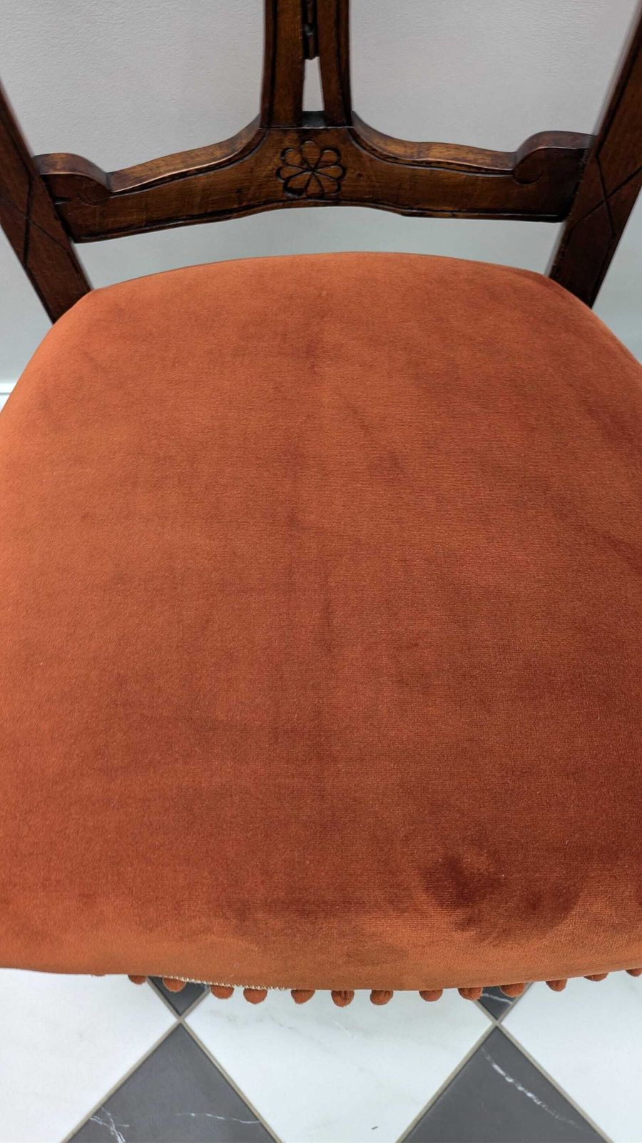 Pair Of Antique Victorian Shield Back Accent Chairs Reupholstered In Burnt Orange Velvet With Pom Pom Trim photo vinterior