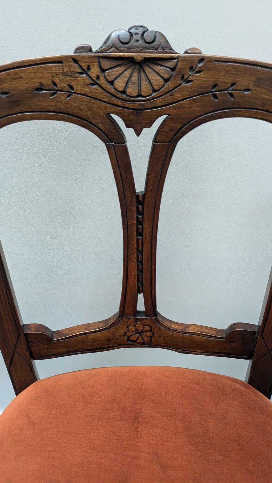 Pair Of Antique Victorian Shield Back Accent Chairs Reupholstered In Burnt Orange Velvet With Pom Pom Trim photo buy