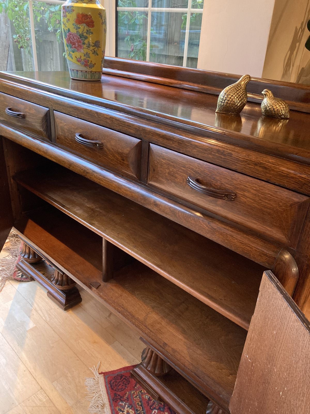 Art Deco 1940’s Mid Oak Sideboard  Geometric Doors With Bulbous Ornate Legs photo 250.0