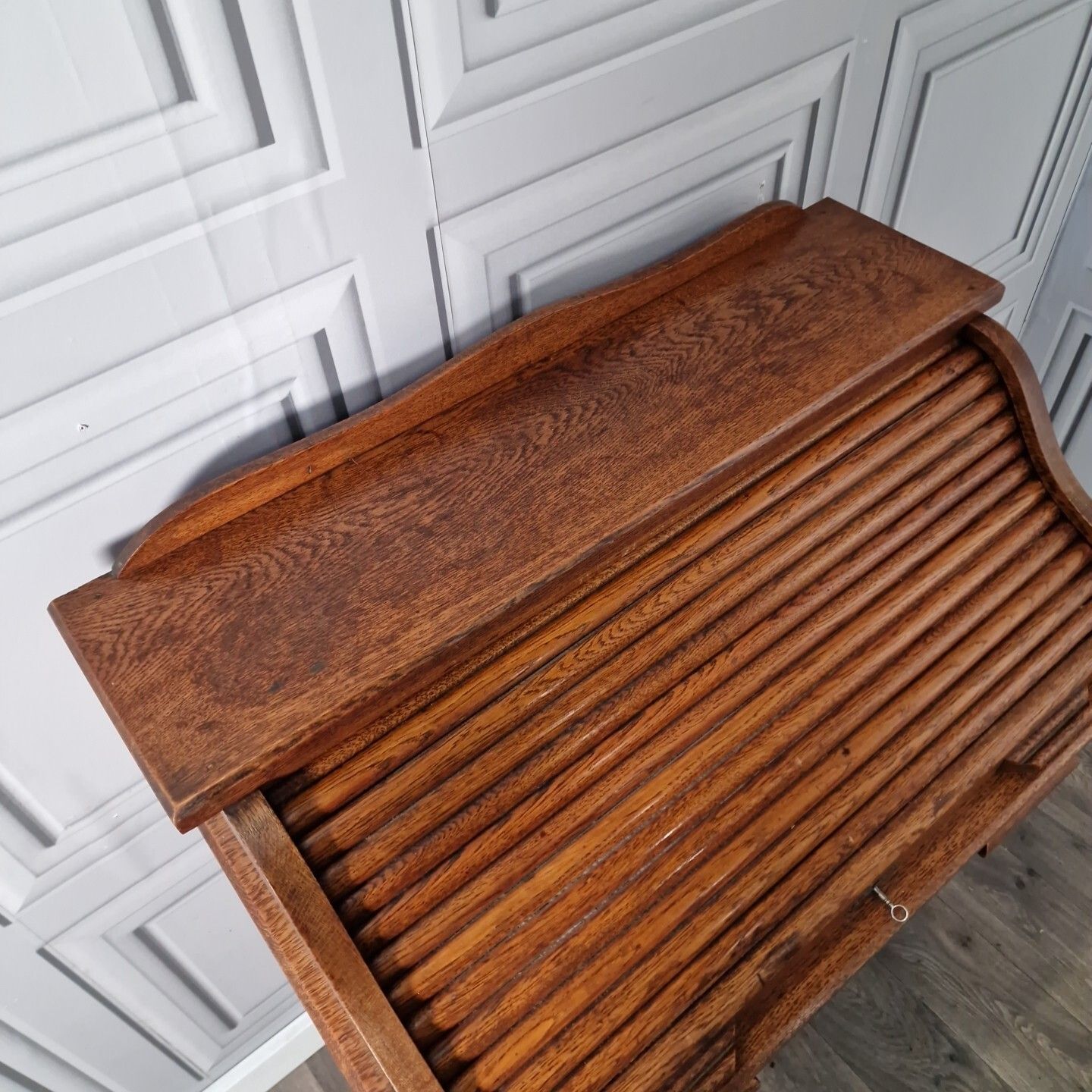 Antique Roll Top Desk Edwardian Oak Bureau With Tambour Door Single Drawers photo vinterior