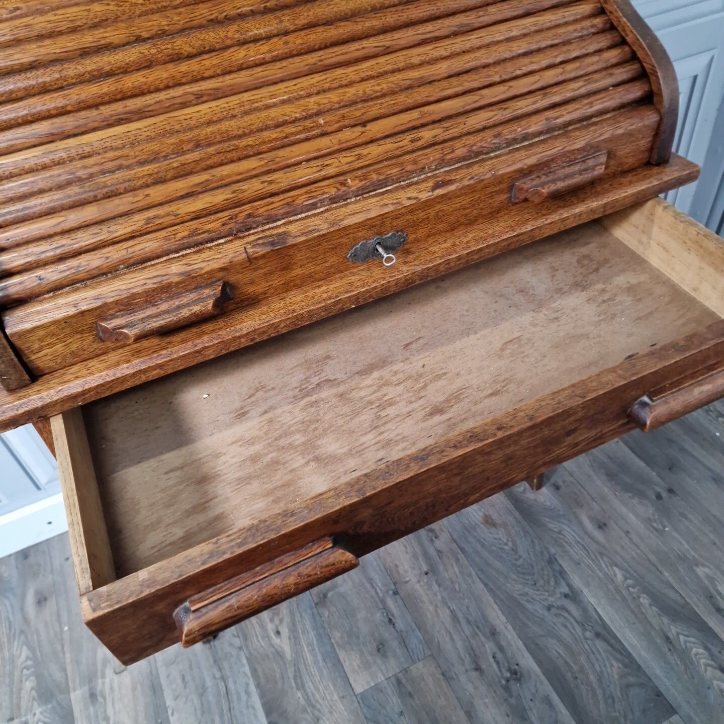 photo furniture Antique Roll Top Desk Edwardian Oak Bureau With Tambour Door Single Drawers