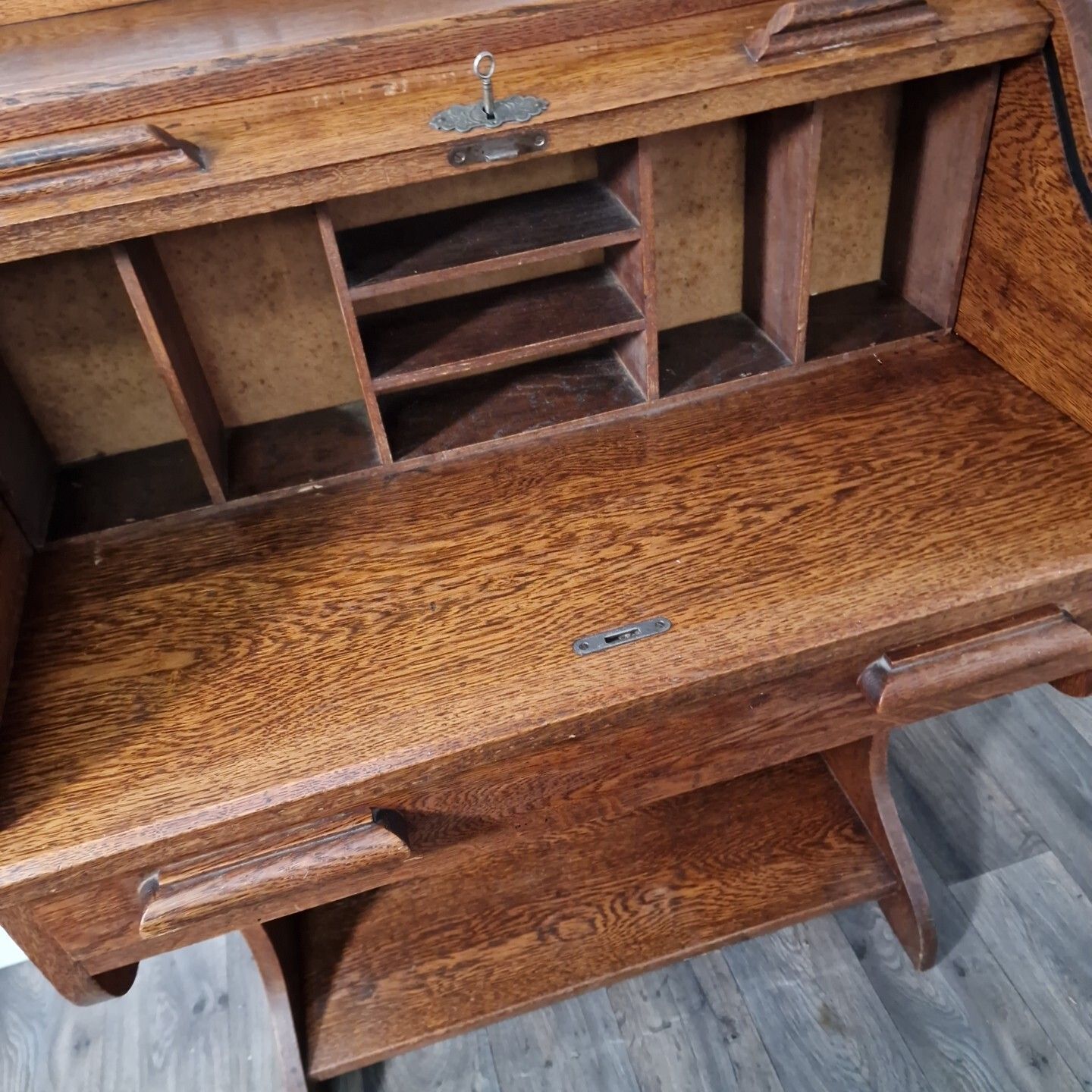 Furniture Antique Roll Top Desk Edwardian Oak Bureau With Tambour Door Single Drawers photo