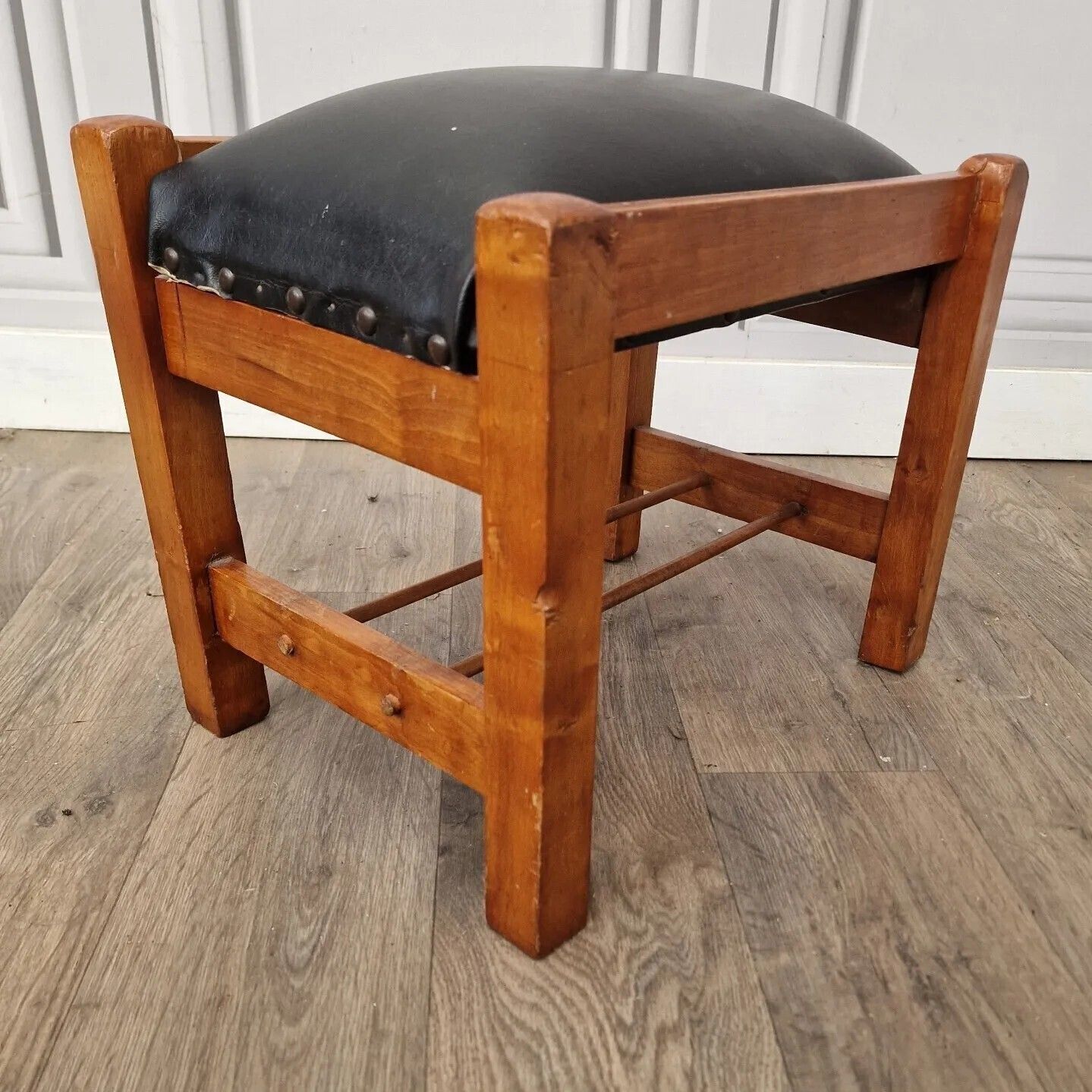 Retro Vinyl Foot Stool Vintage Solid Wooden Faux Leather Antique Art Deco photo vintage