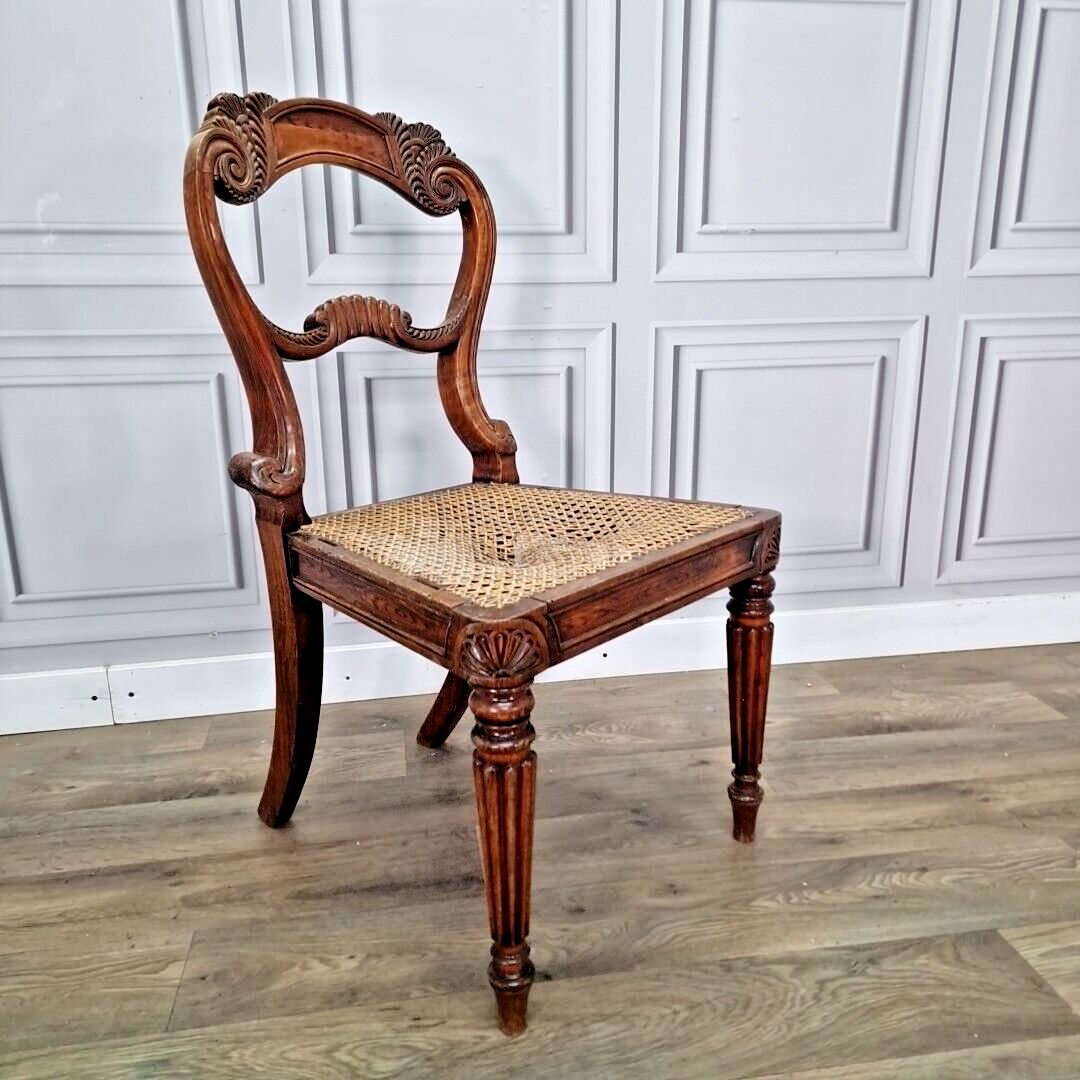 Antique Carved Chair Solid Wooden Turned Decorative Cane Rattan Hall Occasional