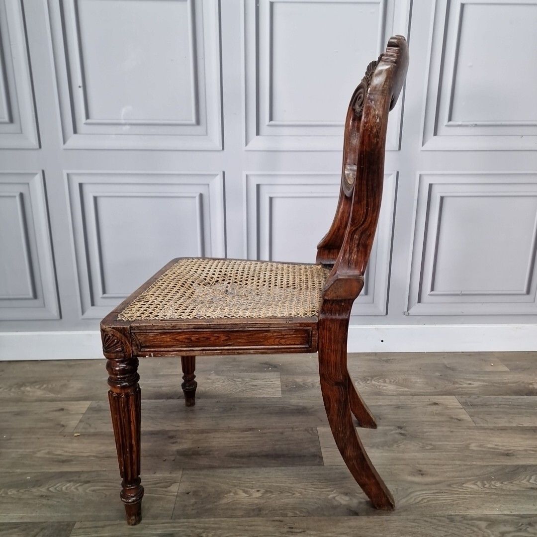 Furniture Antique Carved Chair Solid Wooden Turned Decorative Cane Rattan Hall Occasional photo