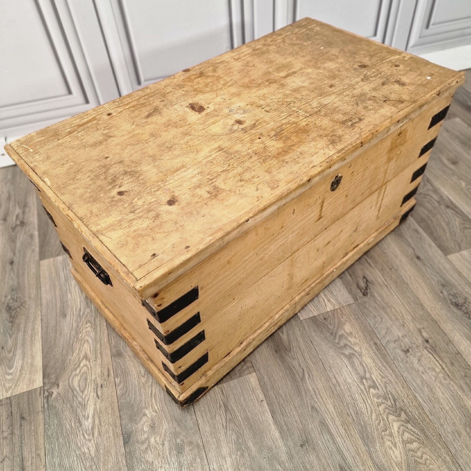 Antique Pine Trunk Chest Victorian Solid Wood Old Blanket Box Coffee Table photo for sale