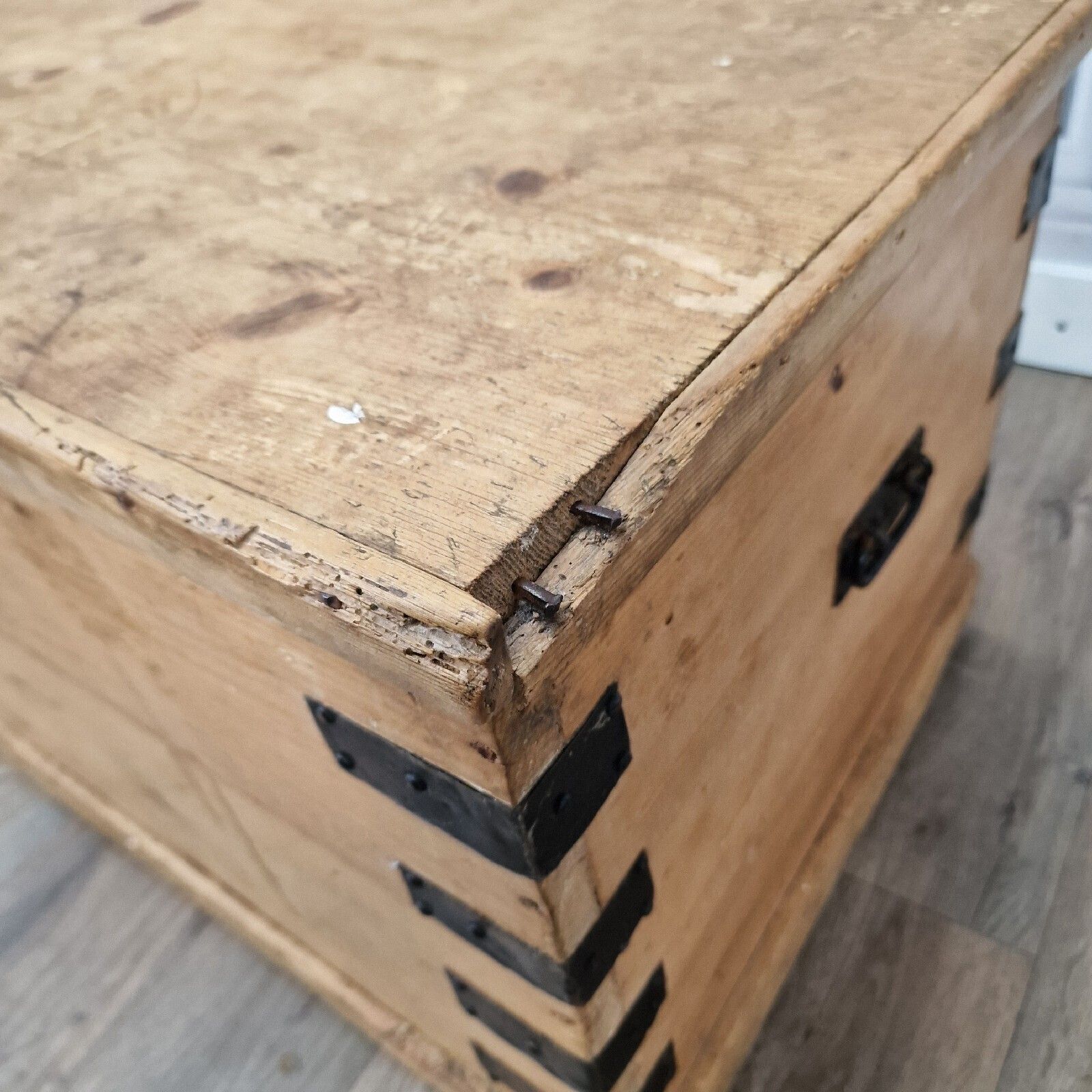 Antique Pine Trunk Chest Victorian Solid Wood Old Blanket Box Coffee Table photo buy