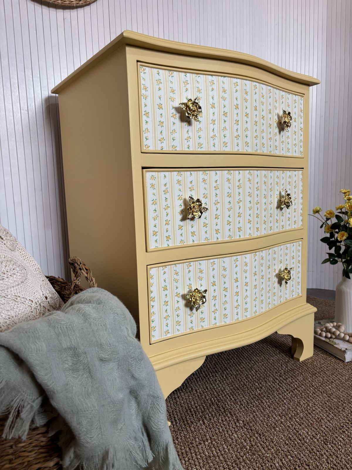 Upcycled Small Chest Of Drawers In Butter Yellow With Floral Drawers And Gold Rose Pulls photo vintage