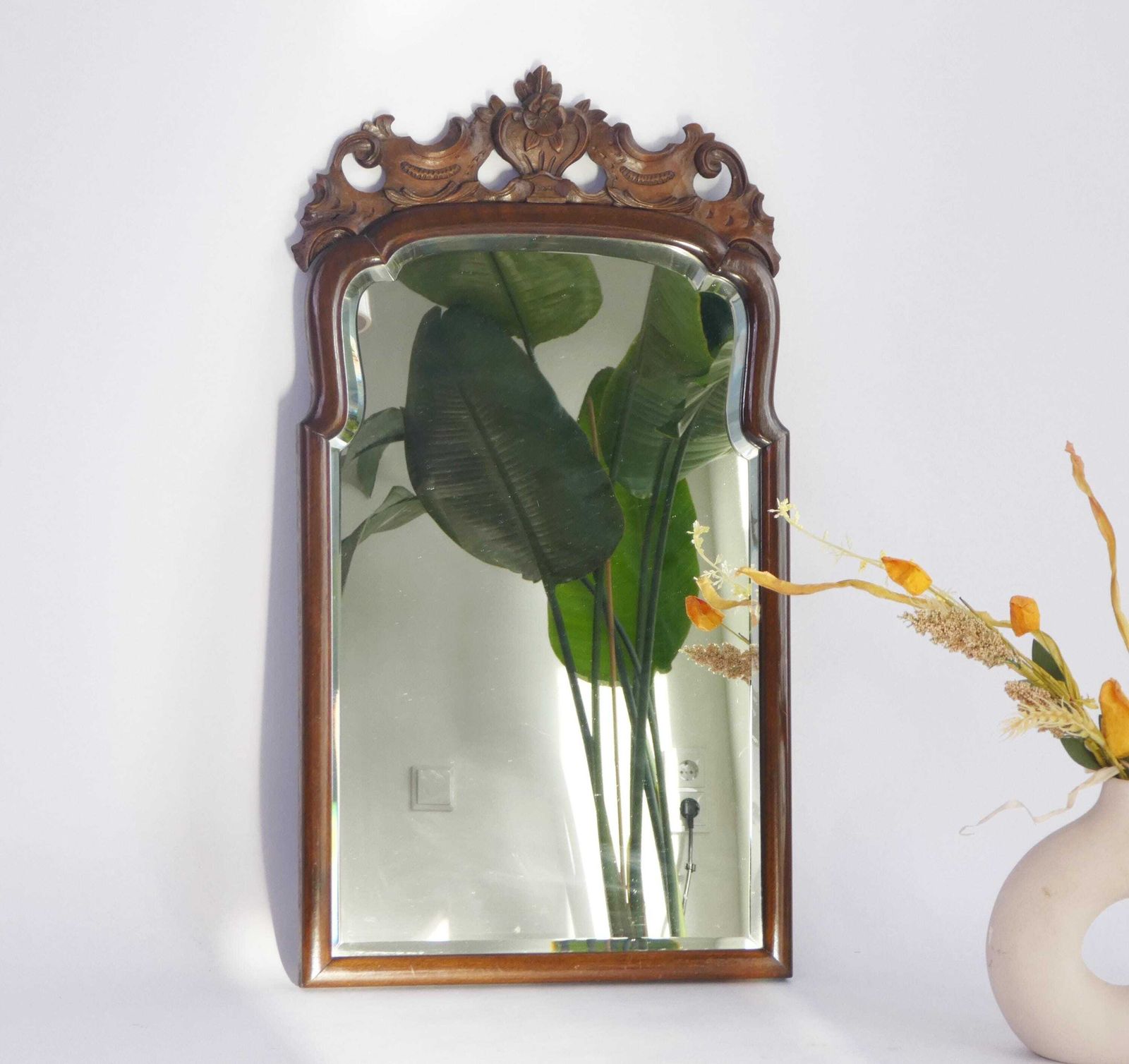Antique Early 19th Century Scalloped Wall Mirror, Floral Carved Ornament, Dutch Farmhouse