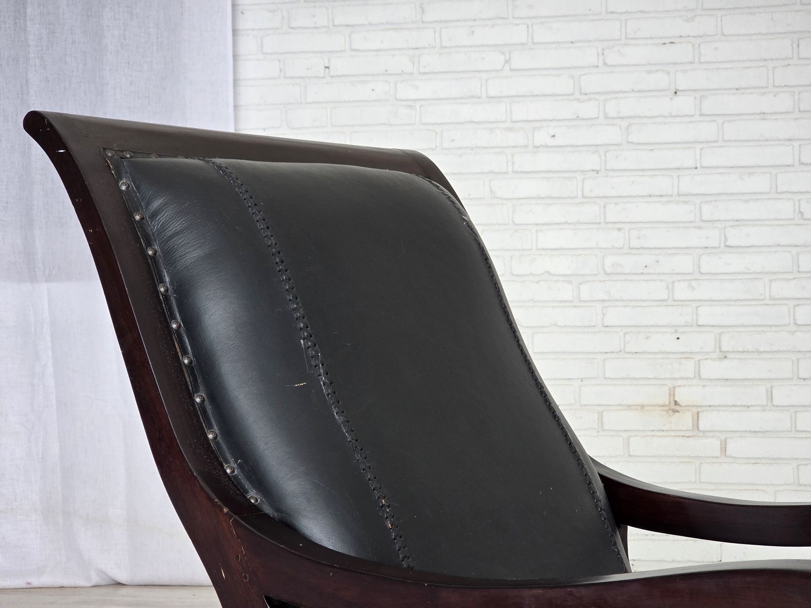 photo for sale 1970s, Vintage Armchair With Footstool, Black Furniture Leather.
