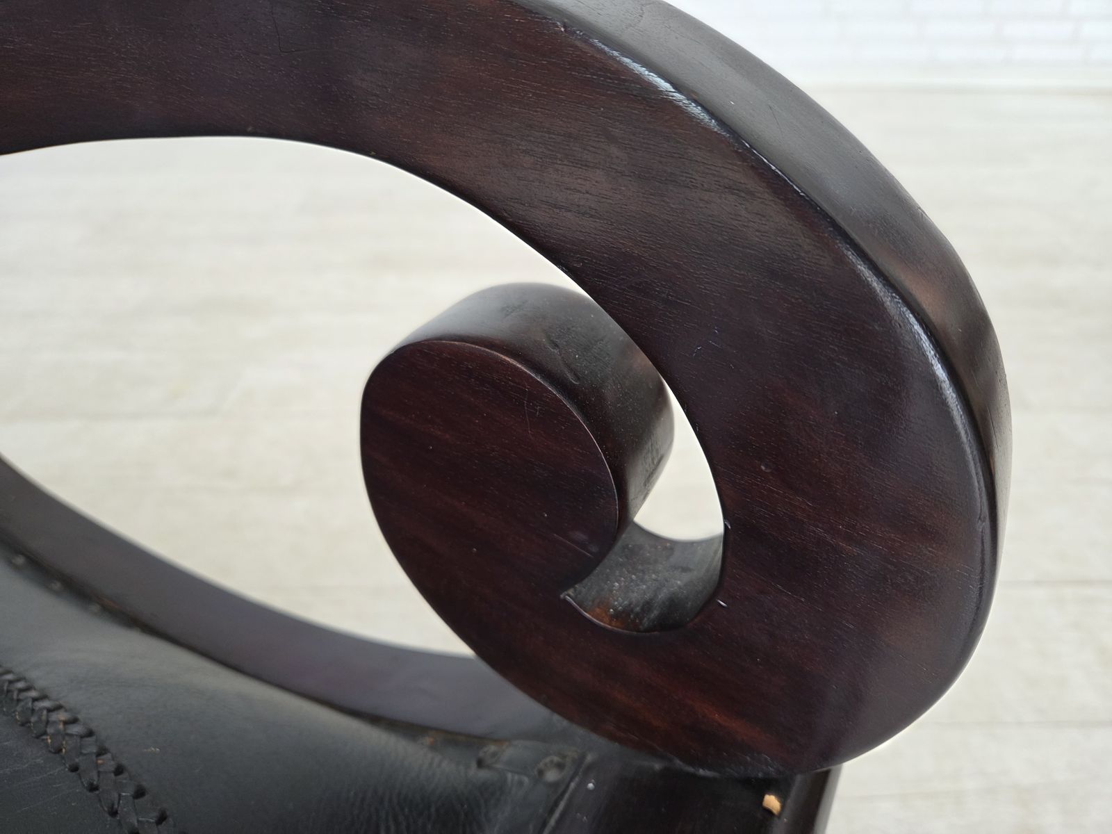 Furniture 1970s, Vintage Armchair With Footstool, Black Furniture Leather. photo