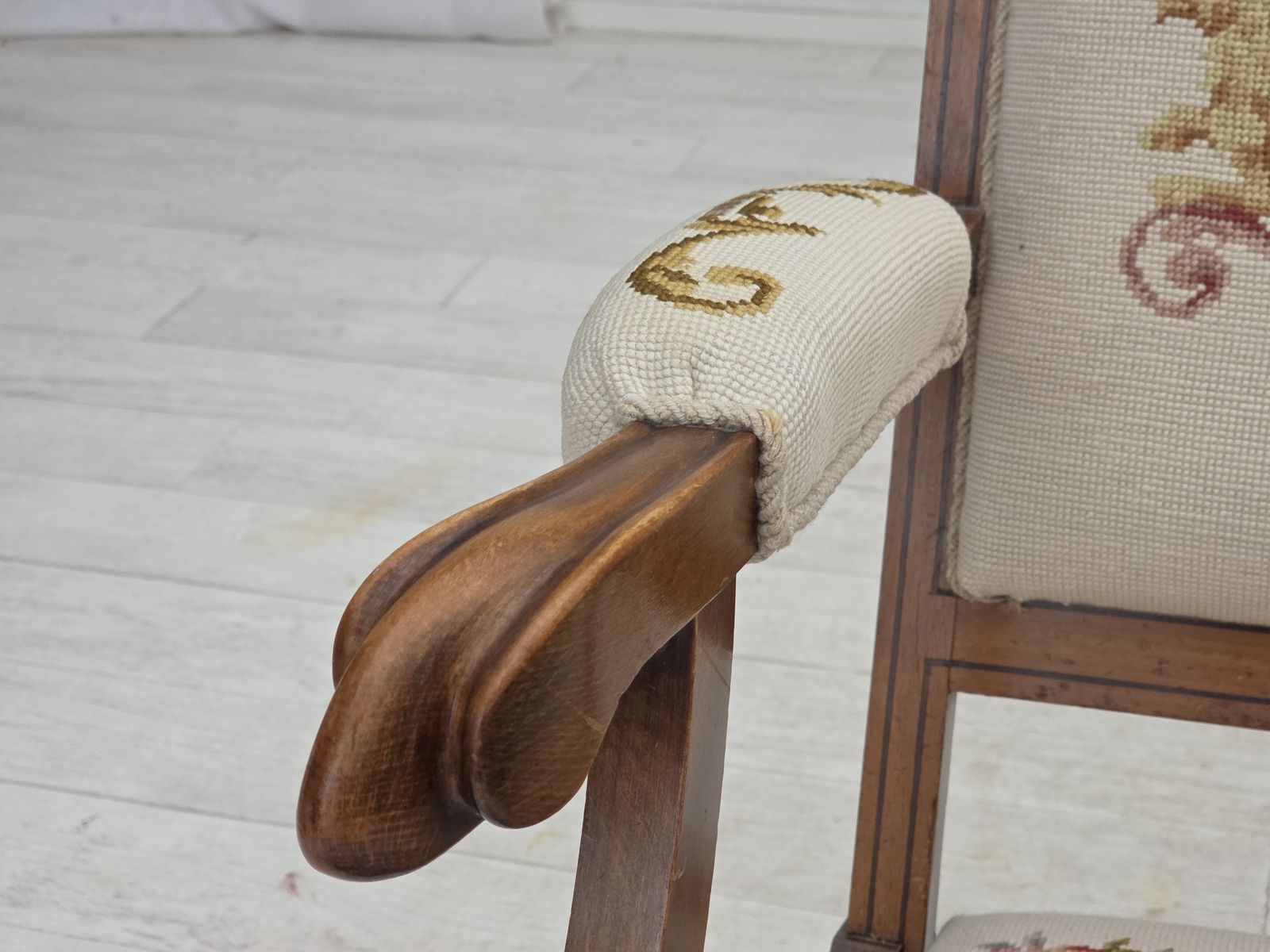 photo buy 1930s, Danish Highback Rocking Chair, Original Hand Woven Wool, Ash Wood.