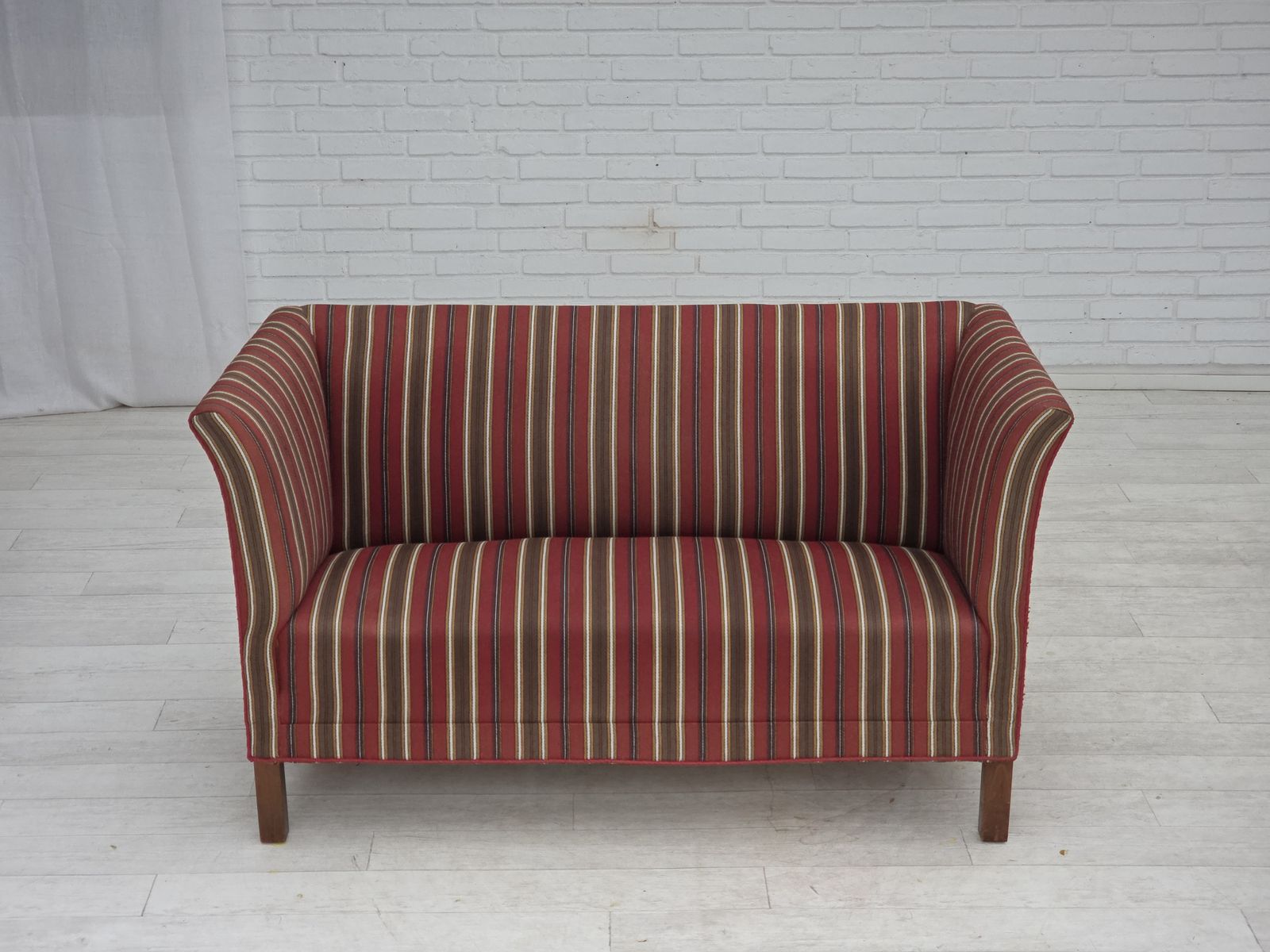 1960s, Danish 2 Seater Sofa, Striped Red/Multicolor Furniture Wool. photo furniture