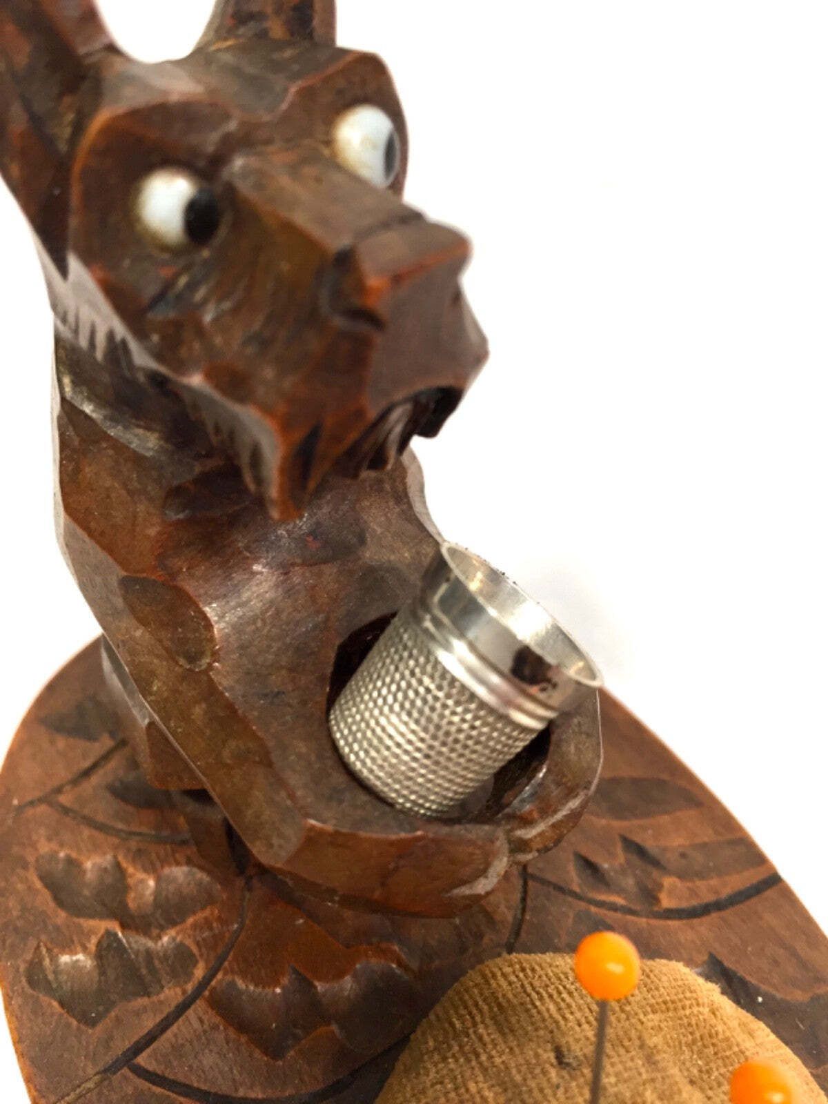 Antique Wooden Hand Carved Desktop Scottie Dog Needle & Thimble Holder C.1930 photo Home Decor