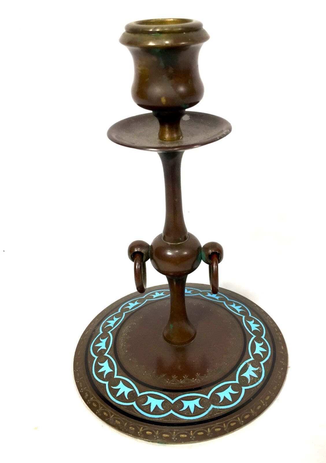 Antique Pair Of Brass Art Nouveau Candle Stick Holders / Decorative Blue Inlay photo vinterior